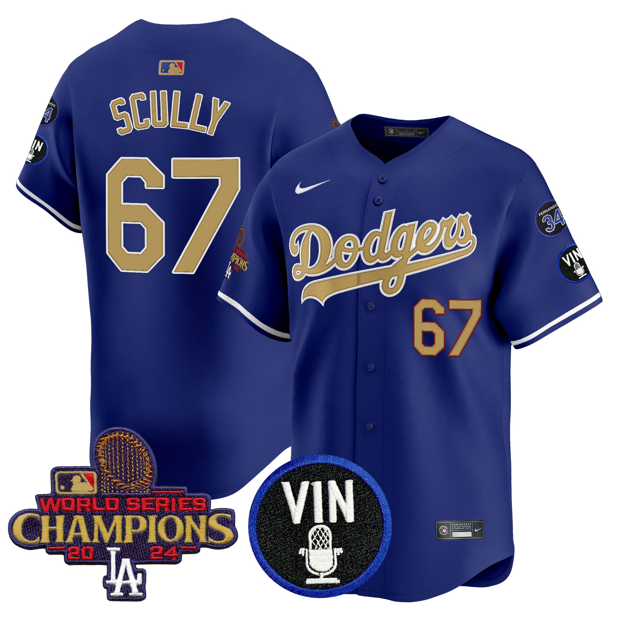 Vin Scully Men's Los Angeles Dodgers 2025 Vin Scully & #34 Fernando Patch Gold Vapor Premier Limited Royal Jersey - All Stitched