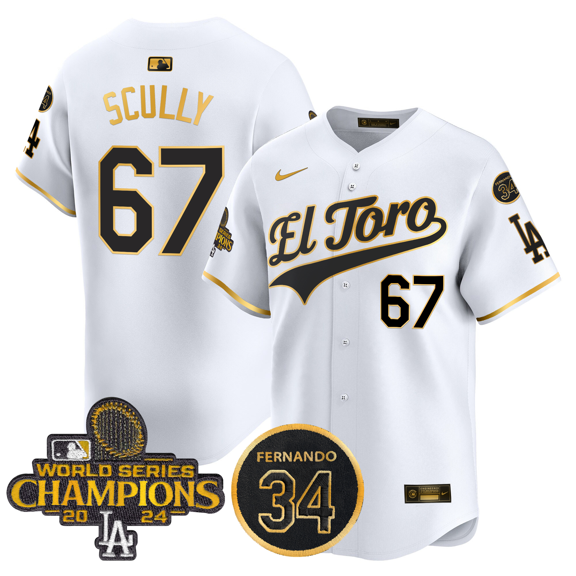 Vin Scully Men's Los Angeles Dodgers El Toro 2024 World Series Champions Patch Vapor Premier Limited White Gold Jersey - All Stitched
