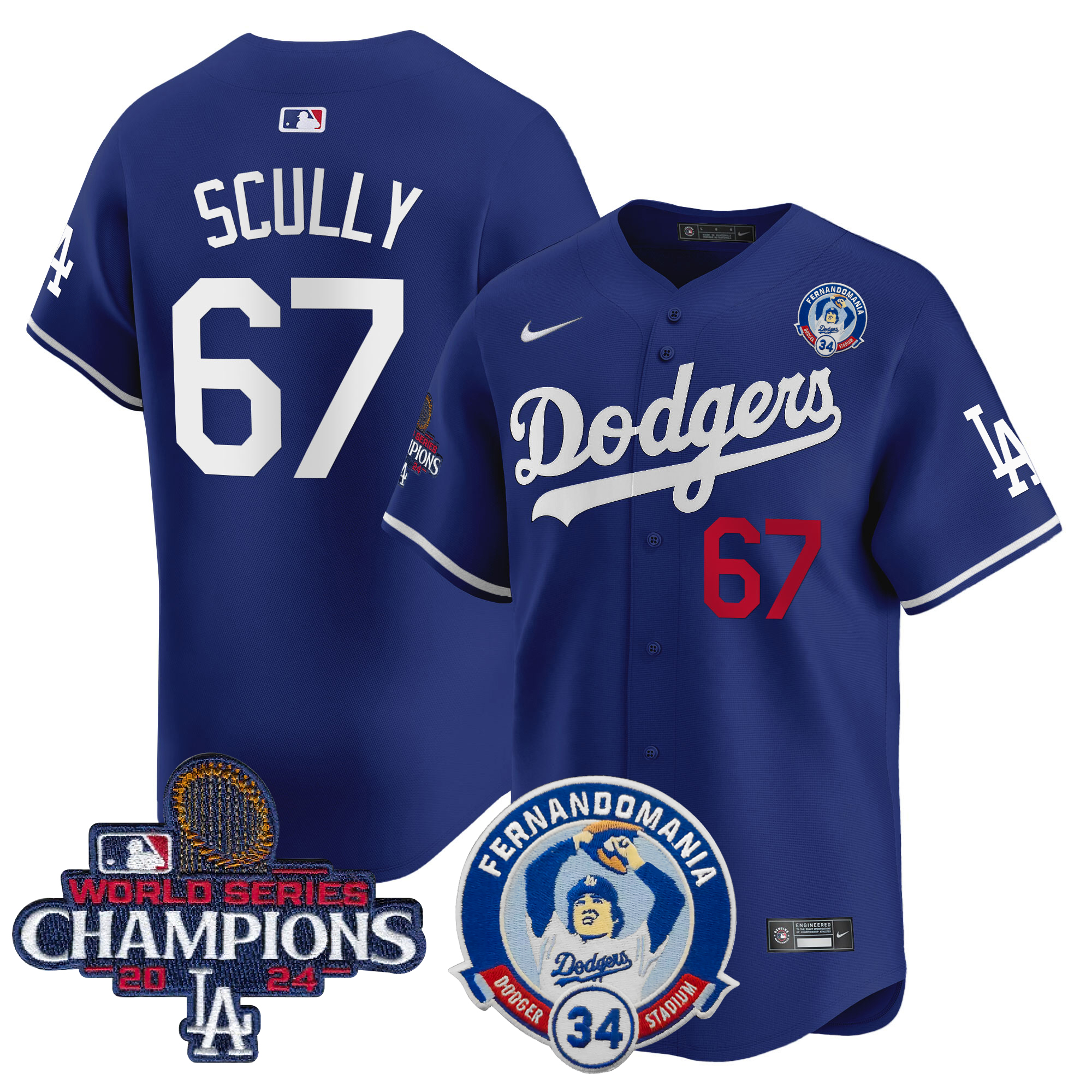 Vin Scully Men's Los Angeles Dodgers Fernando & 2024 World Series Champions Patch Vapor Premier Limited Royal Jersey V2 - All Stitched