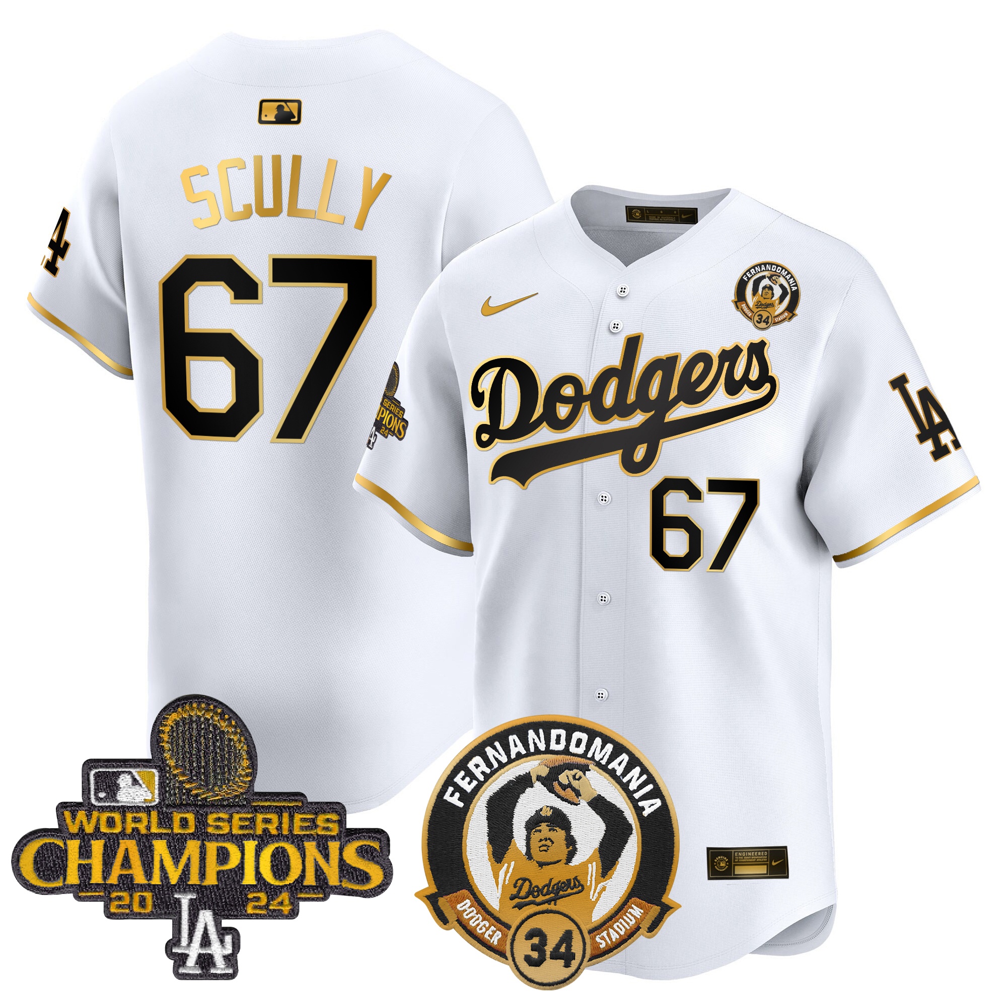 Vin Scully Men's Los Angeles Dodgers Fernando & 2024 World Series Champions Patch Vapor Premier Limited White Gold Jersey V2 - All Stitched