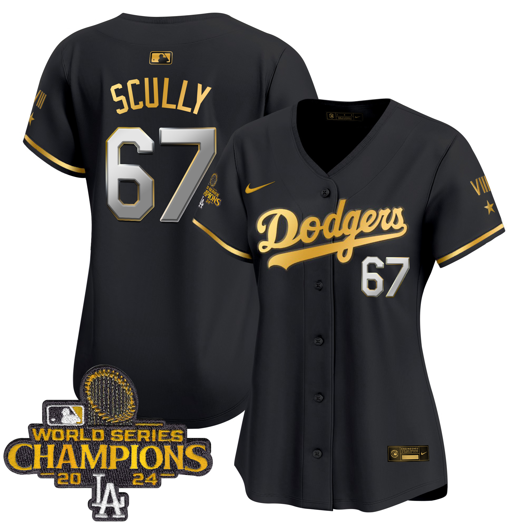 Vin Scully Women's Los Angeles Dodgers 2024 World Series Champions Gold Trim Vapor Premier Limited Black Gold Jersey - All Stitched