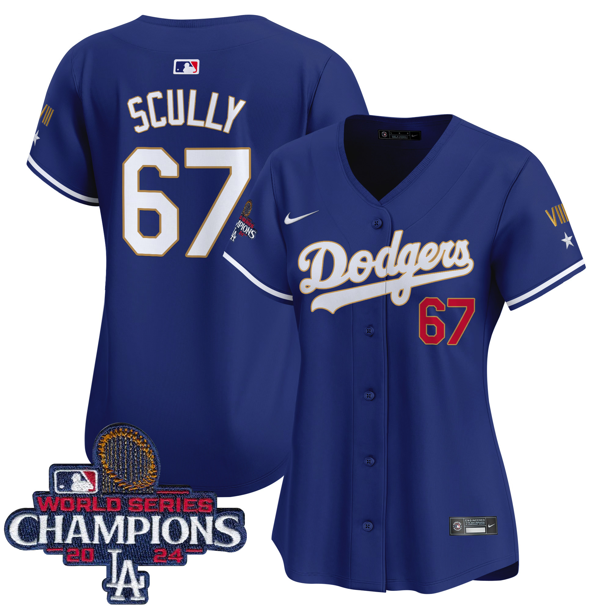 Vin Scully Women's Los Angeles Dodgers 2024 World Series Champions Gold Trim Vapor Premier Limited Royal Jersey - All Stitched