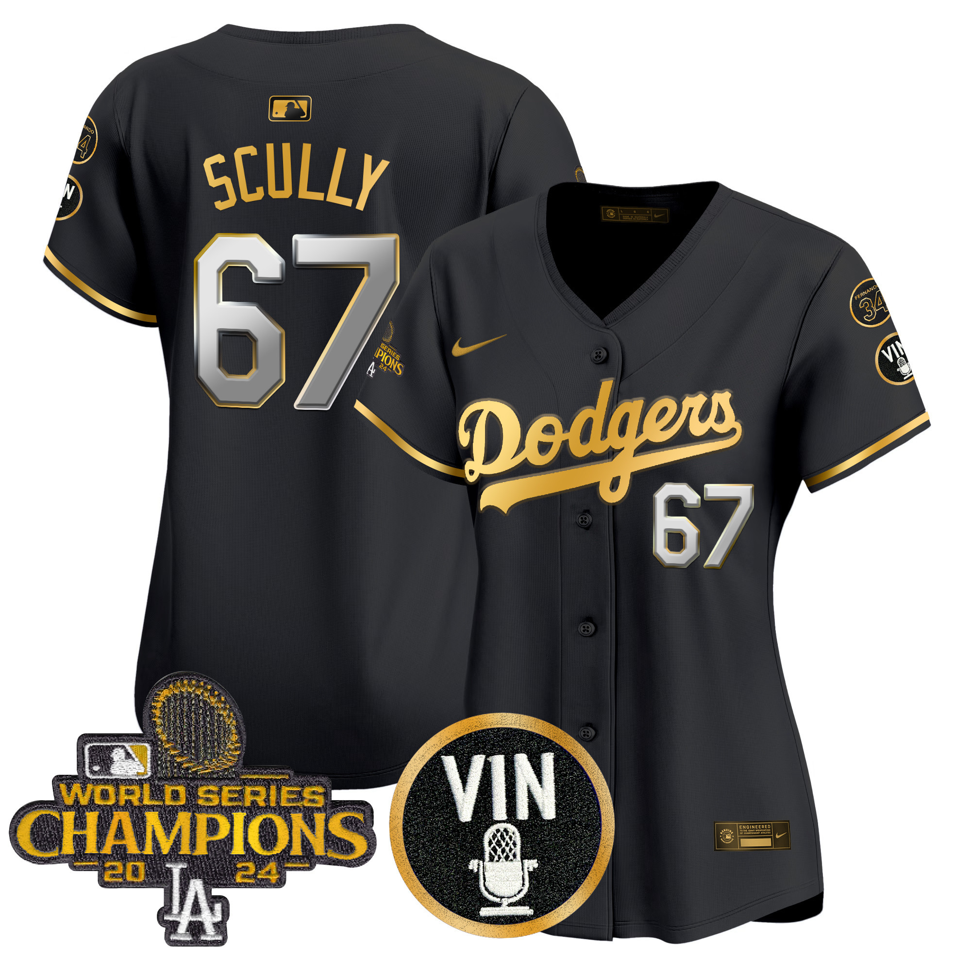 Vin Scully Women's Los Angeles Dodgers 2025 Vin Scully & #34 Fernando Patch Gold Vapor Premier Limited Black Gold Jersey - All Stitched