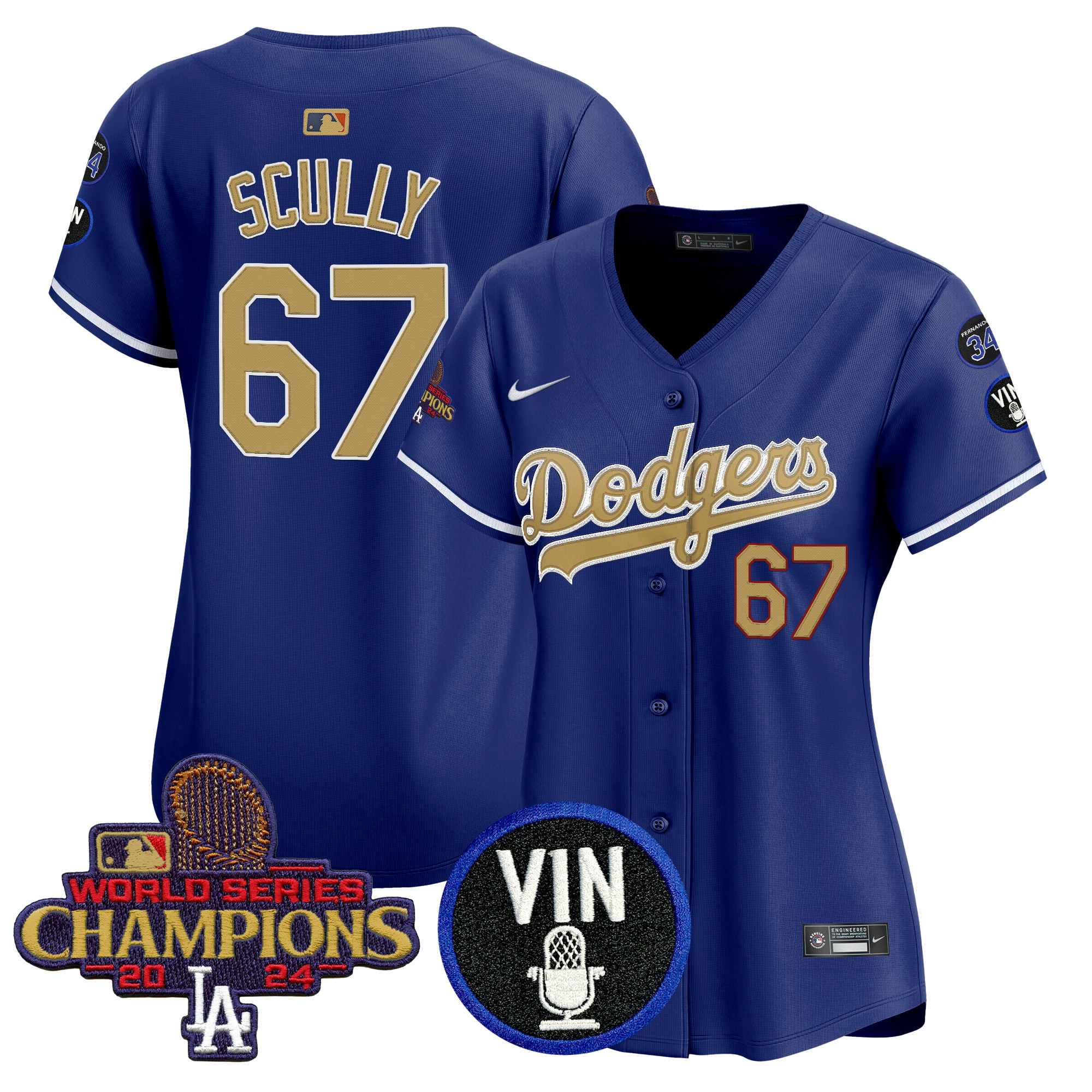 Vin Scully Women's Los Angeles Dodgers 2025 Vin Scully & #34 Fernando Patch Gold Vapor Premier Limited Royal Jersey - All Stitched