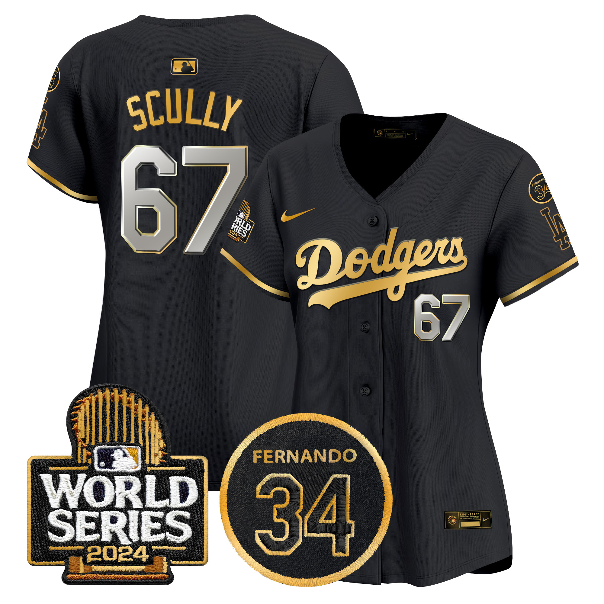 Vin Scully Women's Los Angeles Dodgers Fernando Memorial & 2024 World Series Patch Vapor Premier Limited Black Gold Jersey - All Stitched