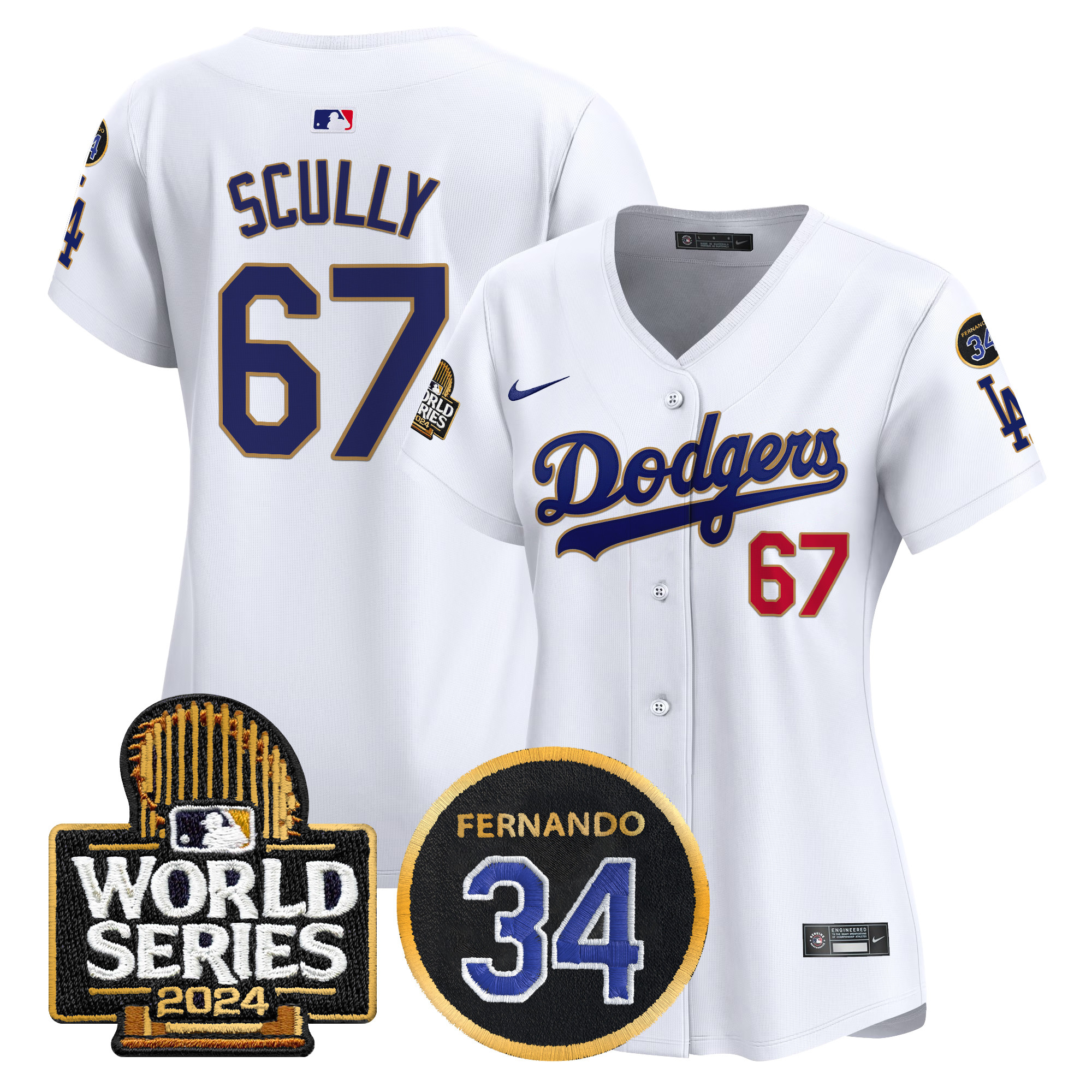 Vin Scully Women's Los Angeles Dodgers Fernando Memorial & 2024 World Series Patch Vapor Premier Limited White Jersey - All Stitched