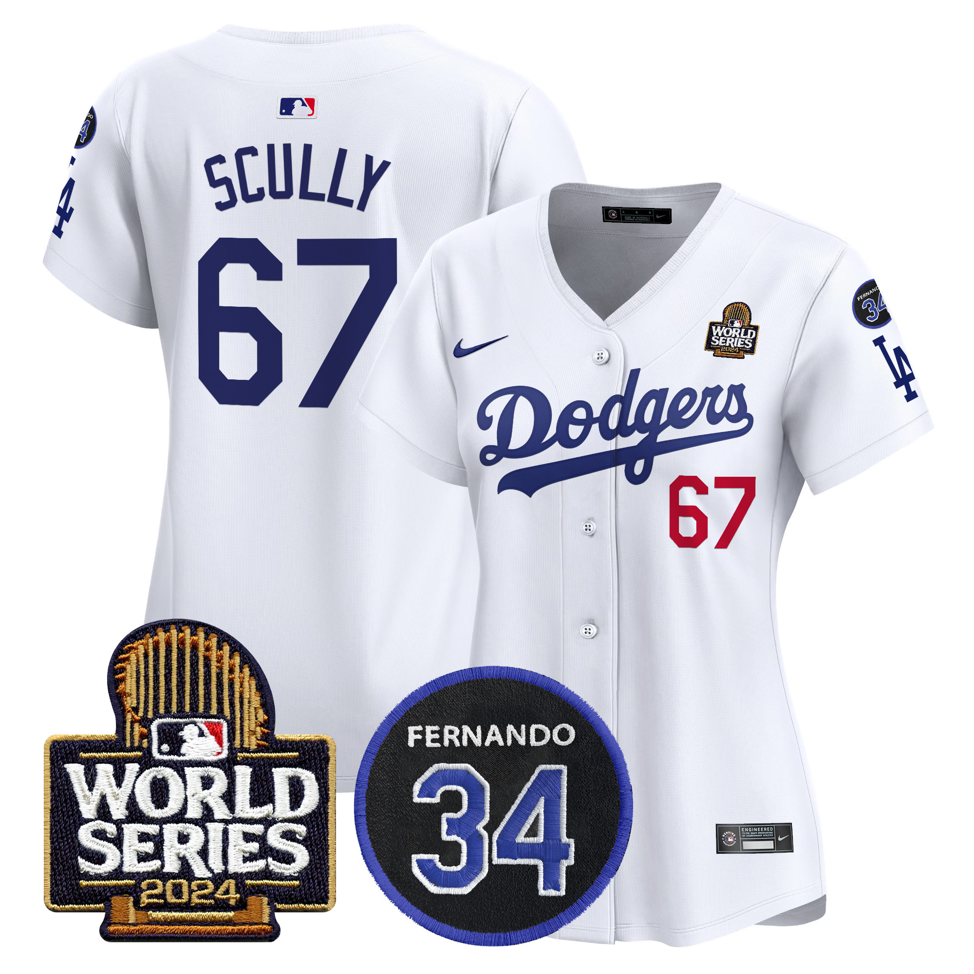 Vin Scully Women's Los Angeles Dodgers Fernando Memorial & 2024 World Series Patch Vapor Premier Limited White Jersey V2 - All Stitched