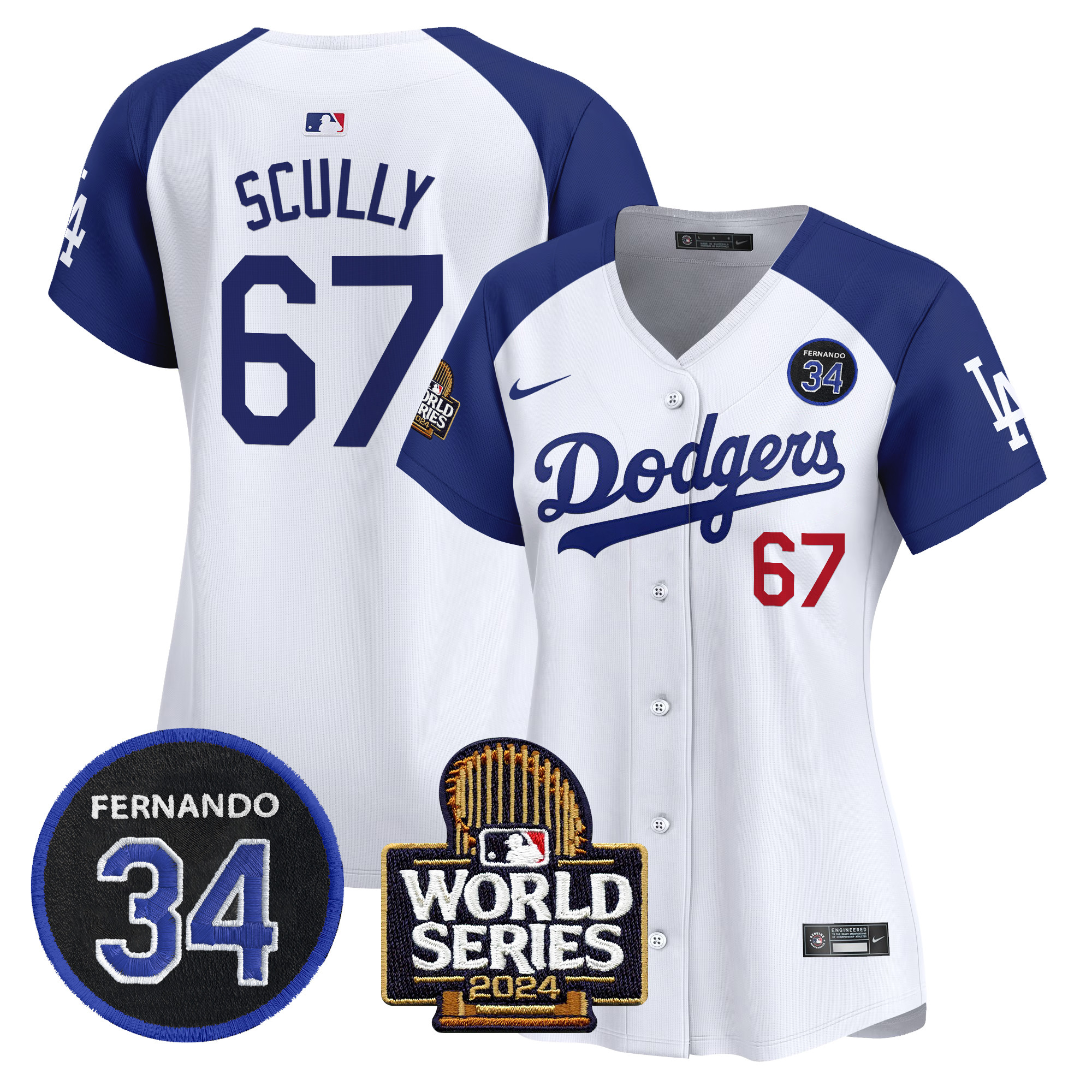 Vin Scully Women's Los Angeles Dodgers Fernando Valenzuela & 2024 World Series Patch Vapor Premier Limited Alternate White Jersey V2 - All Stitched