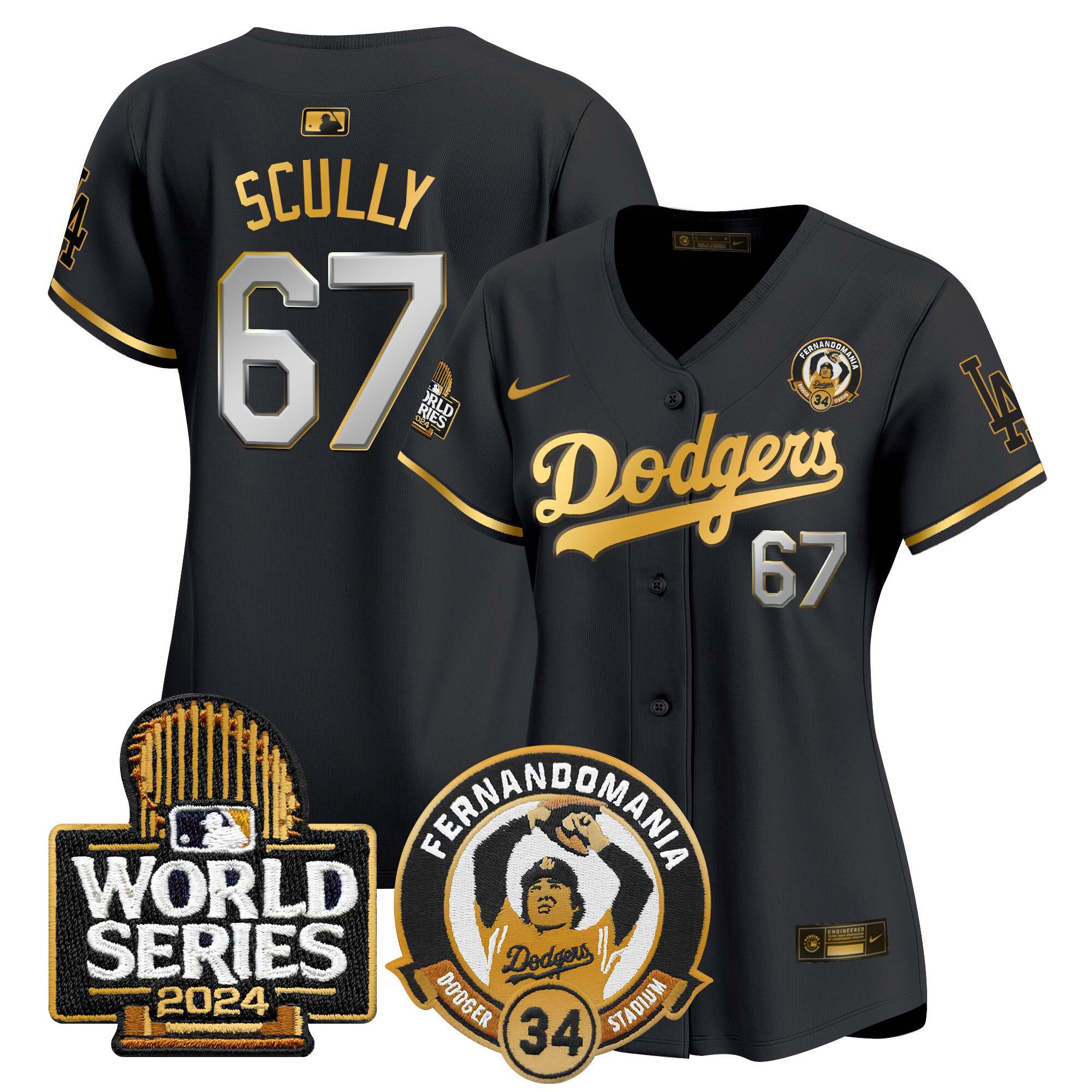 Vin Scully Women's Los Angeles Dodgers Fernando Valenzuela & 2024 World Series Patch Vapor Premier Limited Black Gold Jersey - All Stitched