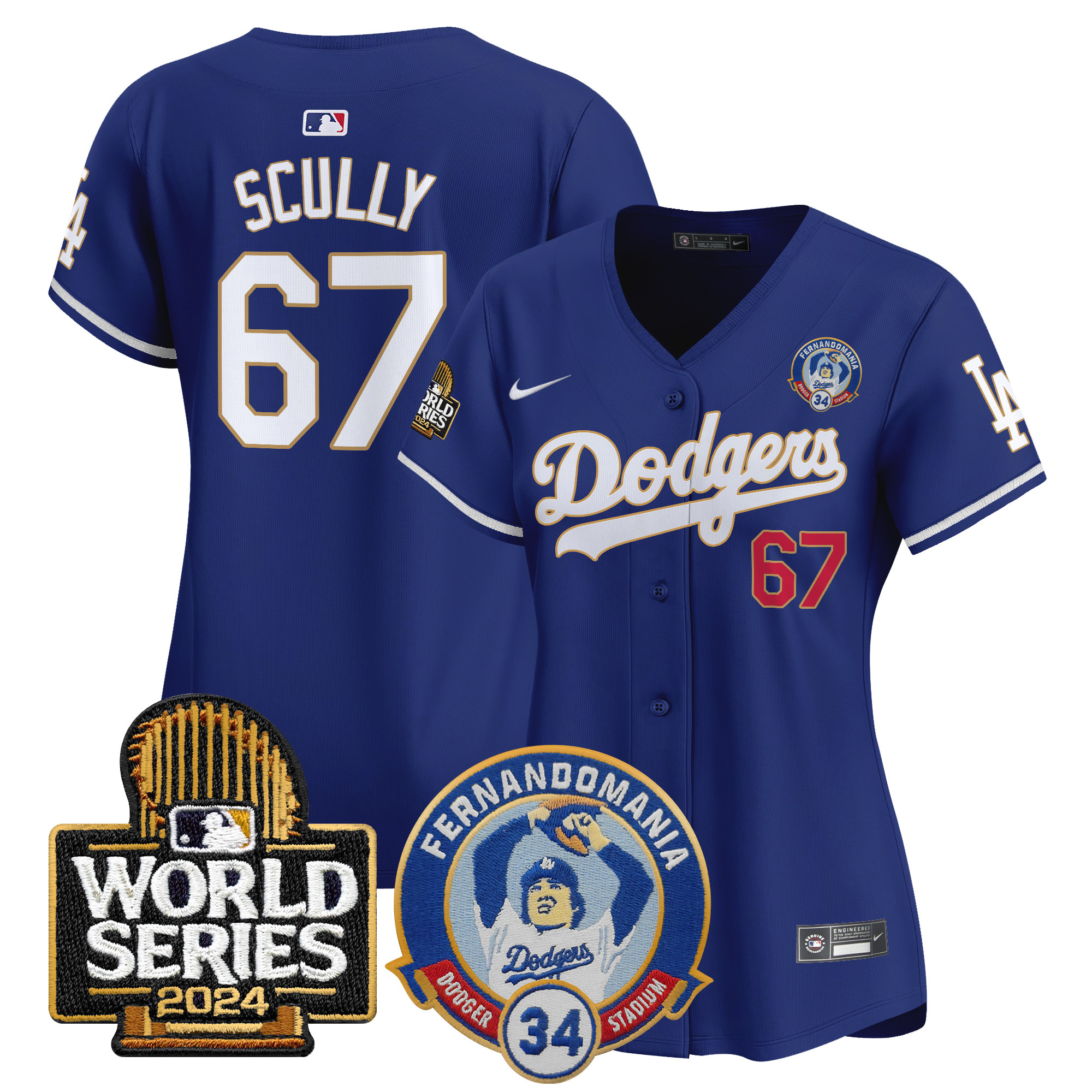 Vin Scully Women's Los Angeles Dodgers Fernando Valenzuela & 2024 World Series Patch Vapor Premier Limited Royal Jersey - All Stitched