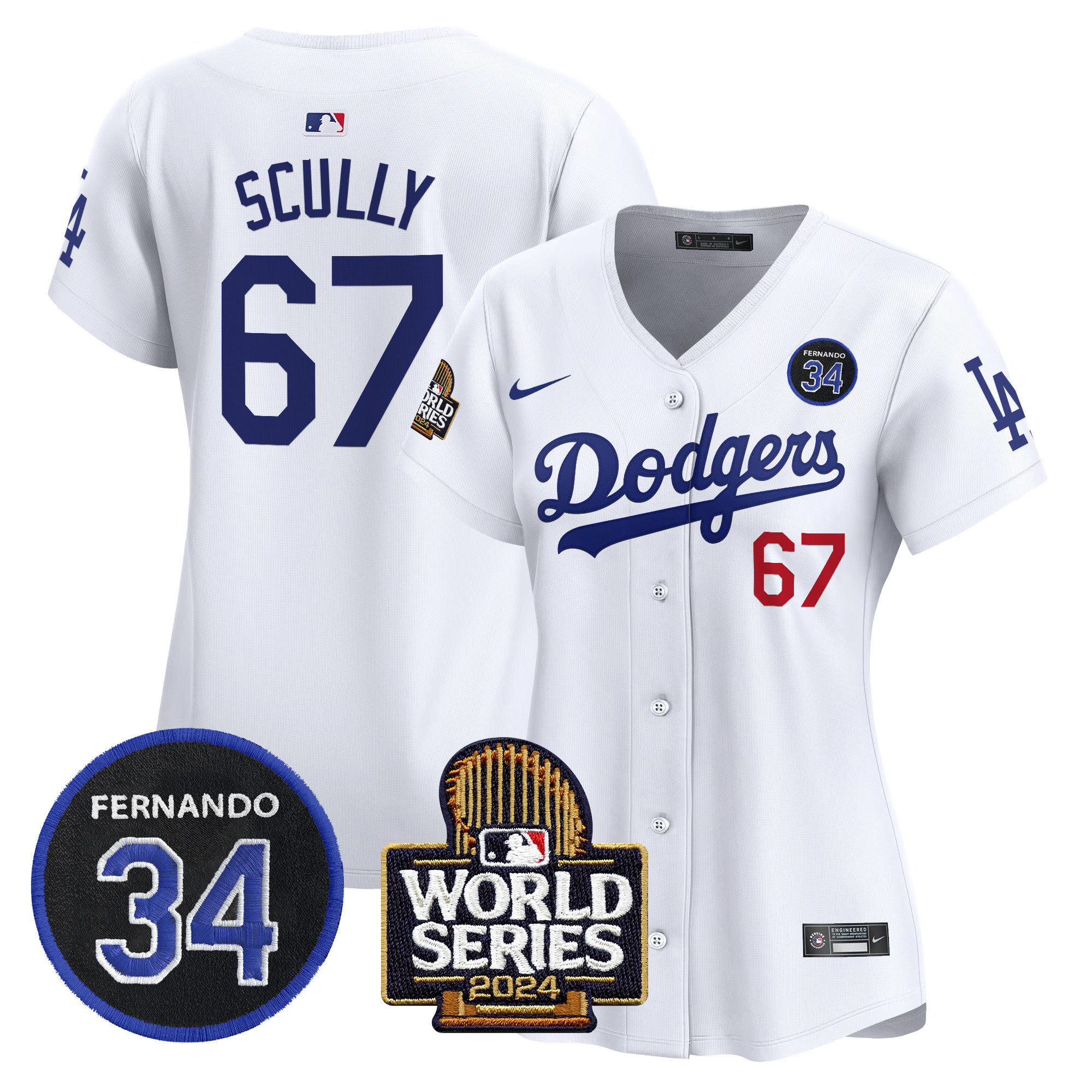 Vin Scully Women's Los Angeles Dodgers Fernando Valenzuela & 2024 World Series Patch Vapor Premier Limited White Jersey V2 - All Stitched