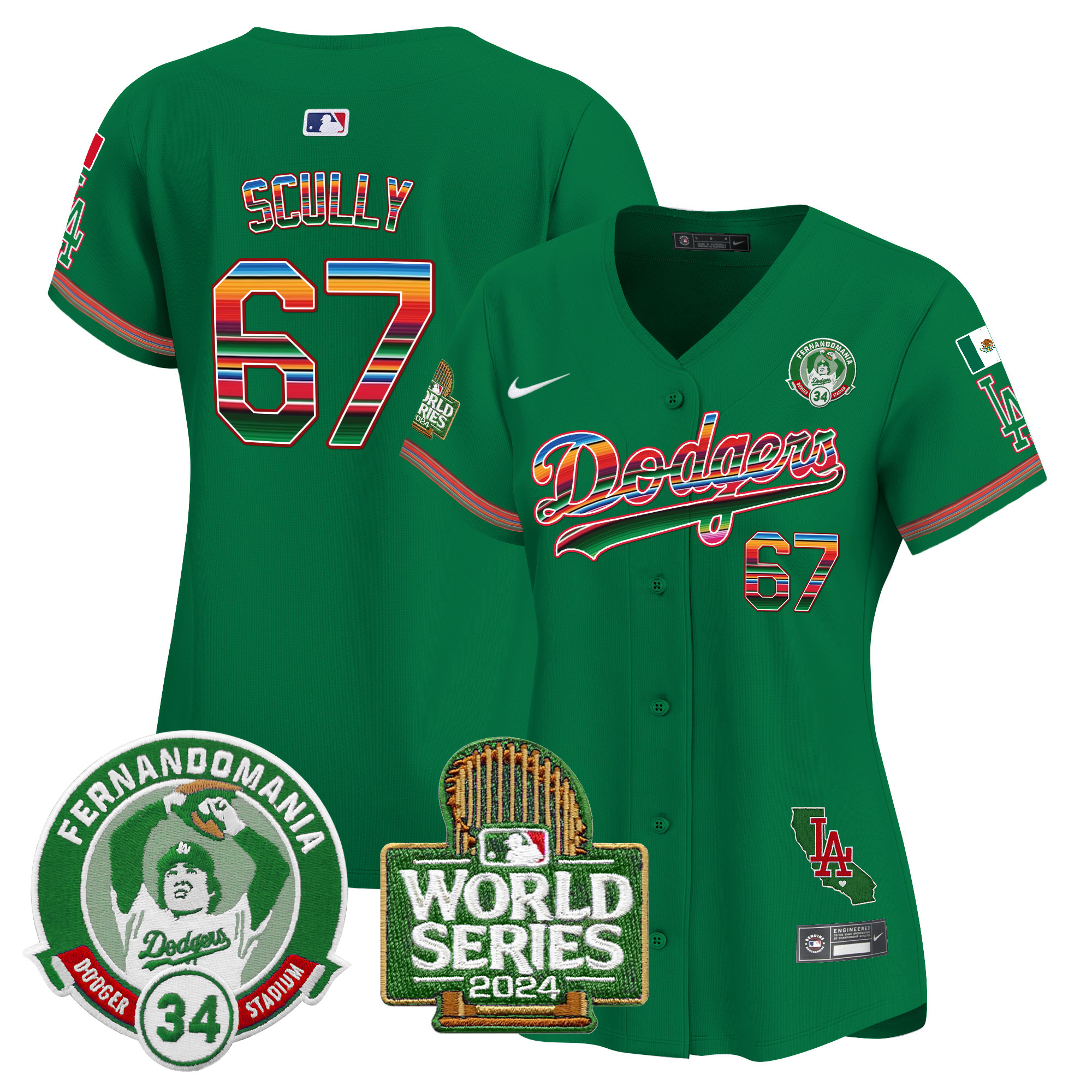 Vin Scully Women's Los Angeles Dodgers Mexico Fernando Valenzuela & 2024 World Series Patch Vapor Premier Limited Green Jersey - All Stitched