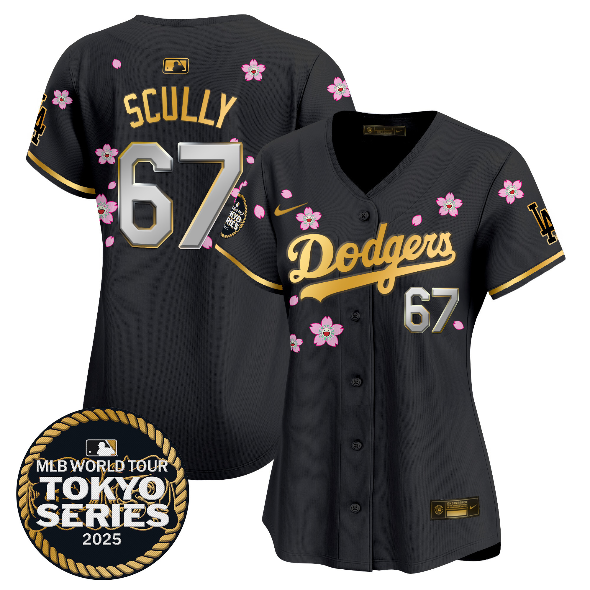 Vin Scully Women's Los Angeles Dodgers Tokyo Series 2025 Gold Trim Vapor Premier Limited Black Gold Jersey V2 - Stitched