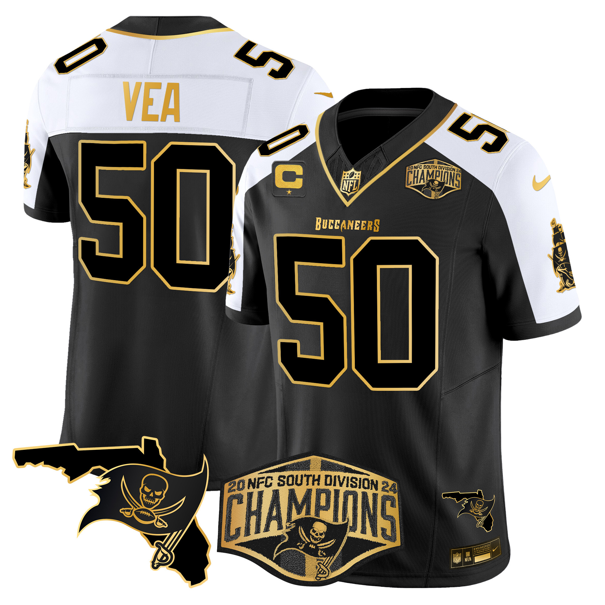 Vita Vea Men's Tampa Bay Buccaneers 2024 NFC South Division Champions Patch Gold Vapor Limited Black Alternate Jersey - All Stitched