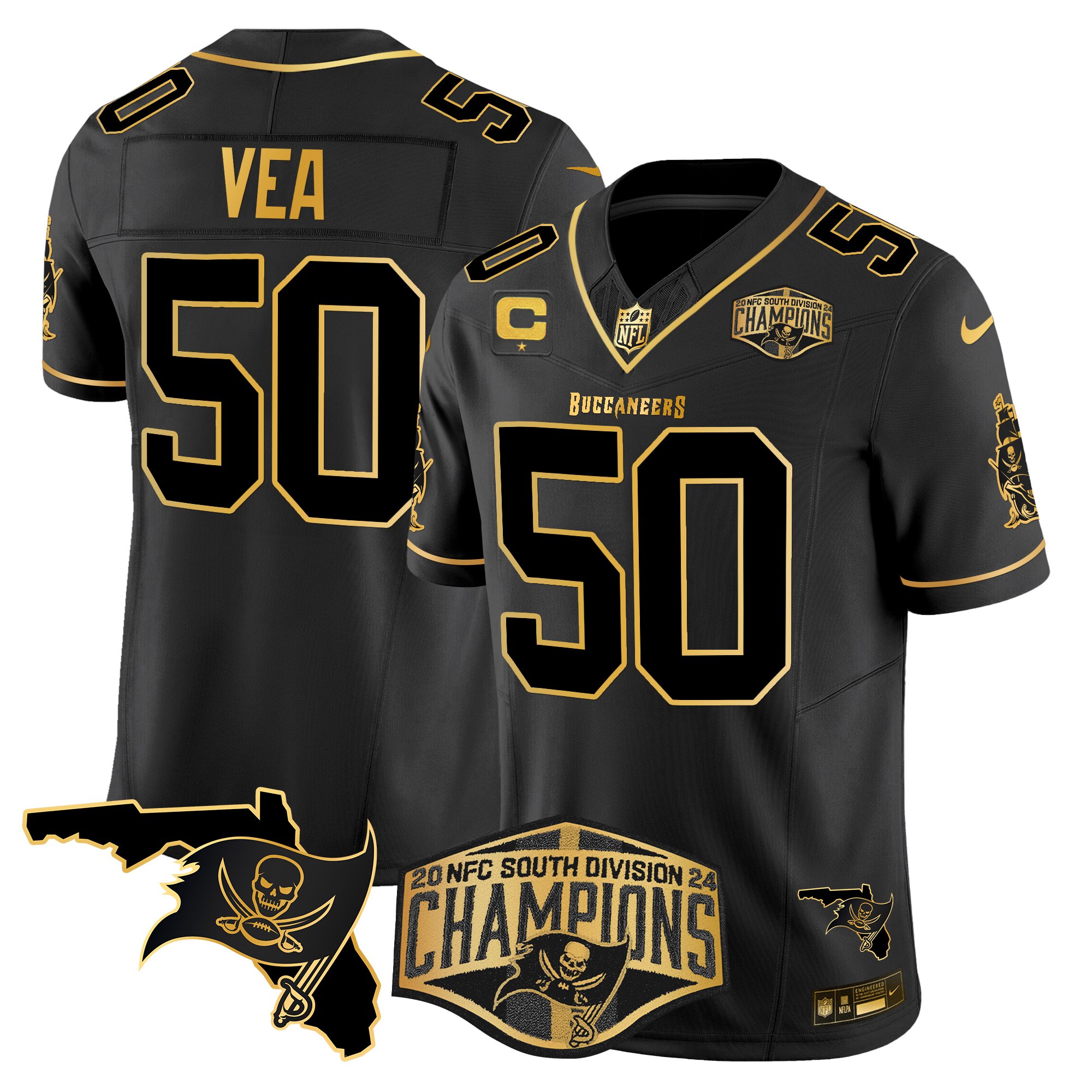 Vita Vea Men's Tampa Bay Buccaneers 2024 NFC South Division Champions Patch Gold Vapor Limited Black Gold Jersey - All Stitched