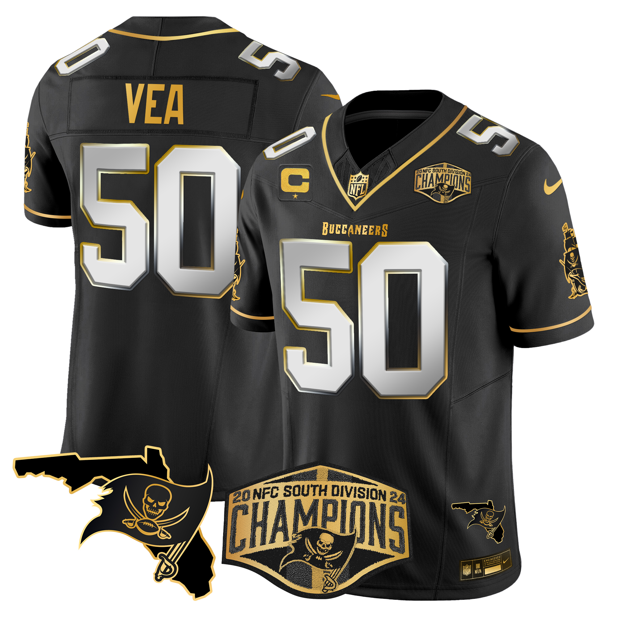 Vita Vea Men's Tampa Bay Buccaneers 2024 NFC South Division Champions Patch Gold Vapor Limited Black Limited Jersey - All Stitched