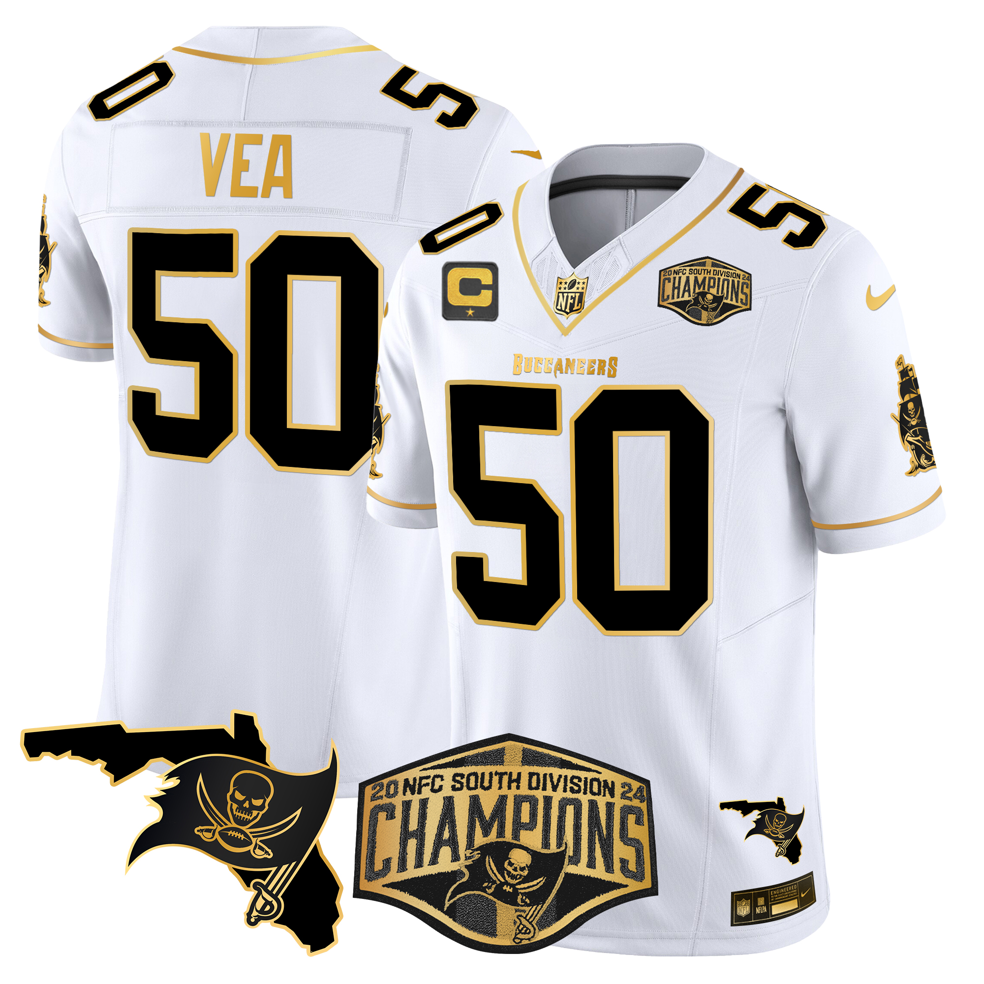 Vita Vea Men's Tampa Bay Buccaneers 2024 NFC South Division Champions Patch Gold Vapor Limited White Gold Jersey - All Stitched