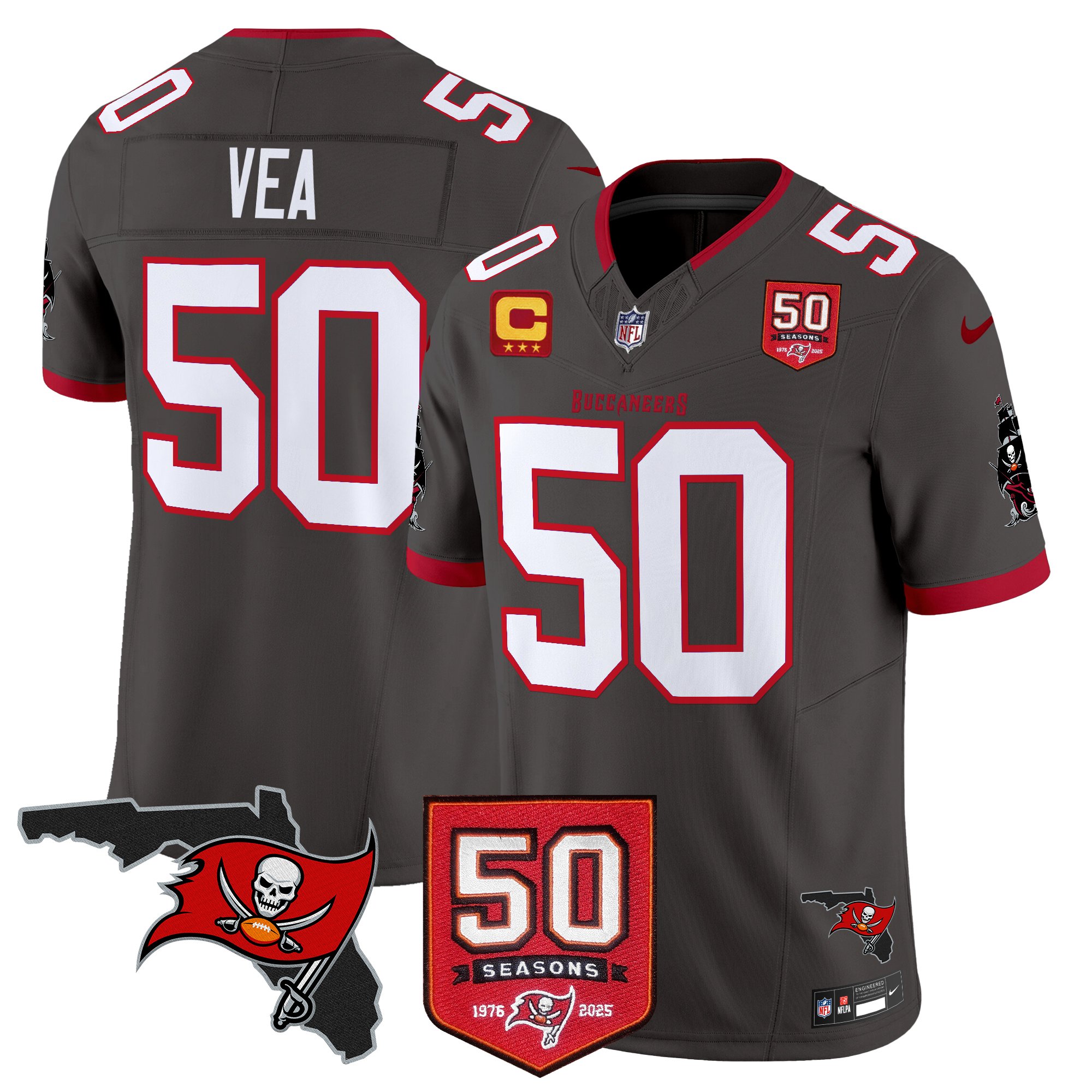Vita Vea Men's Tampa Bay Buccaneers 50th Season Patch Vapor Limited Pewter Jersey - All Stitched