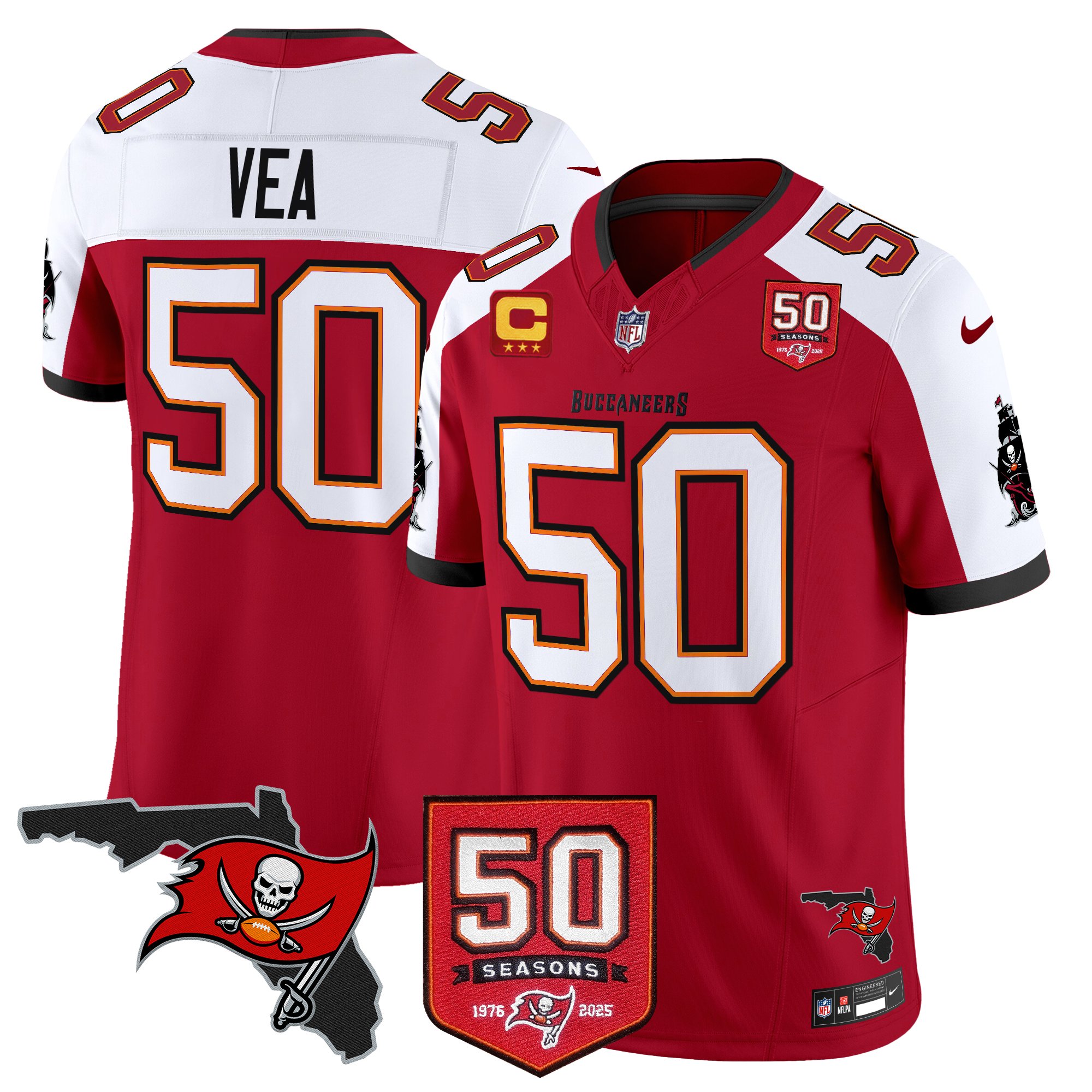 Vita Vea Men's Tampa Bay Buccaneers 50th Season Patch Vapor Limited Red Alternate Jersey - All Stitched