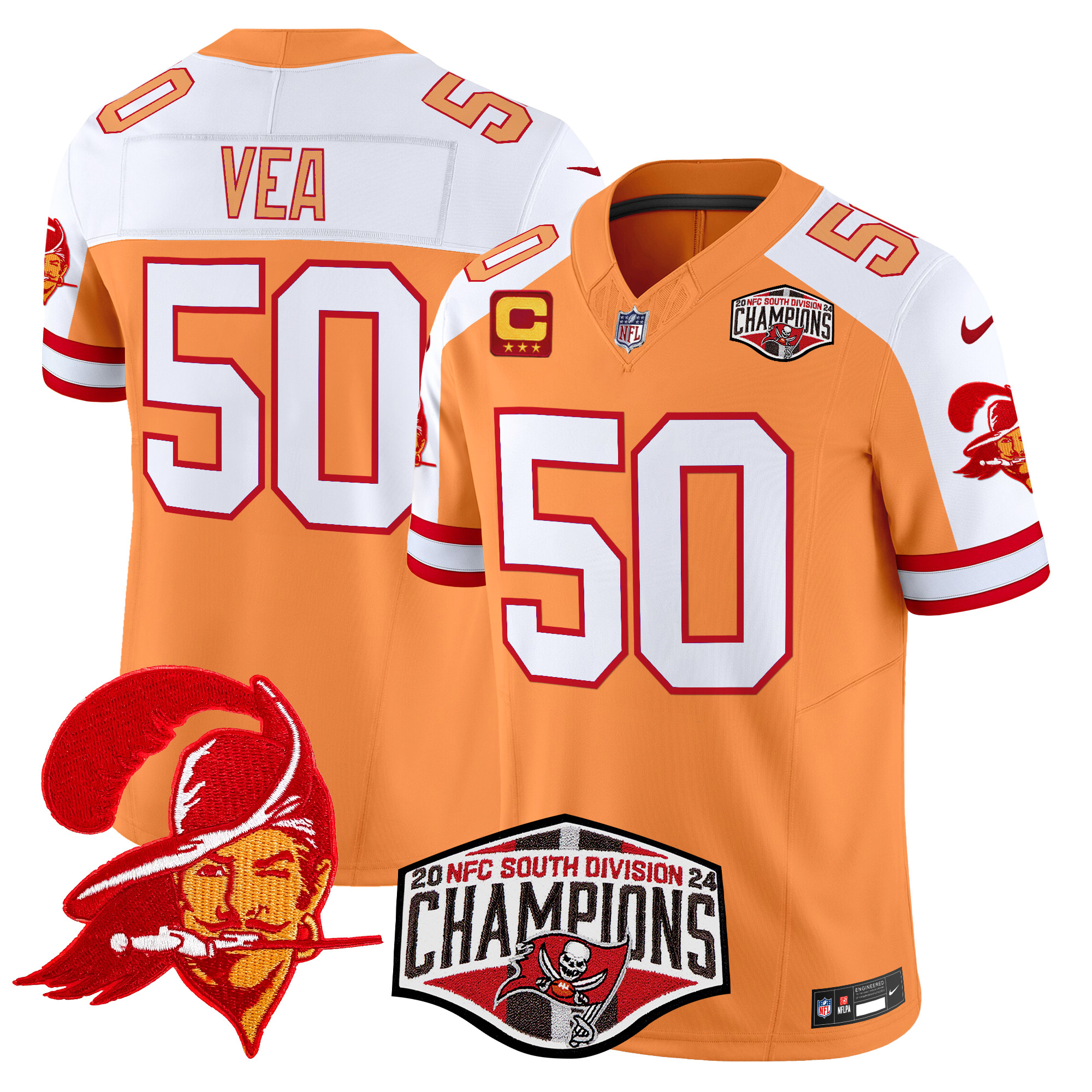 Vita Vea Men's Tampa Bay Buccaneers Creamsicle 2024 NFC South Division Champions Patch Vapor Limited Creamsicle Alternate Jersey - All Stitched