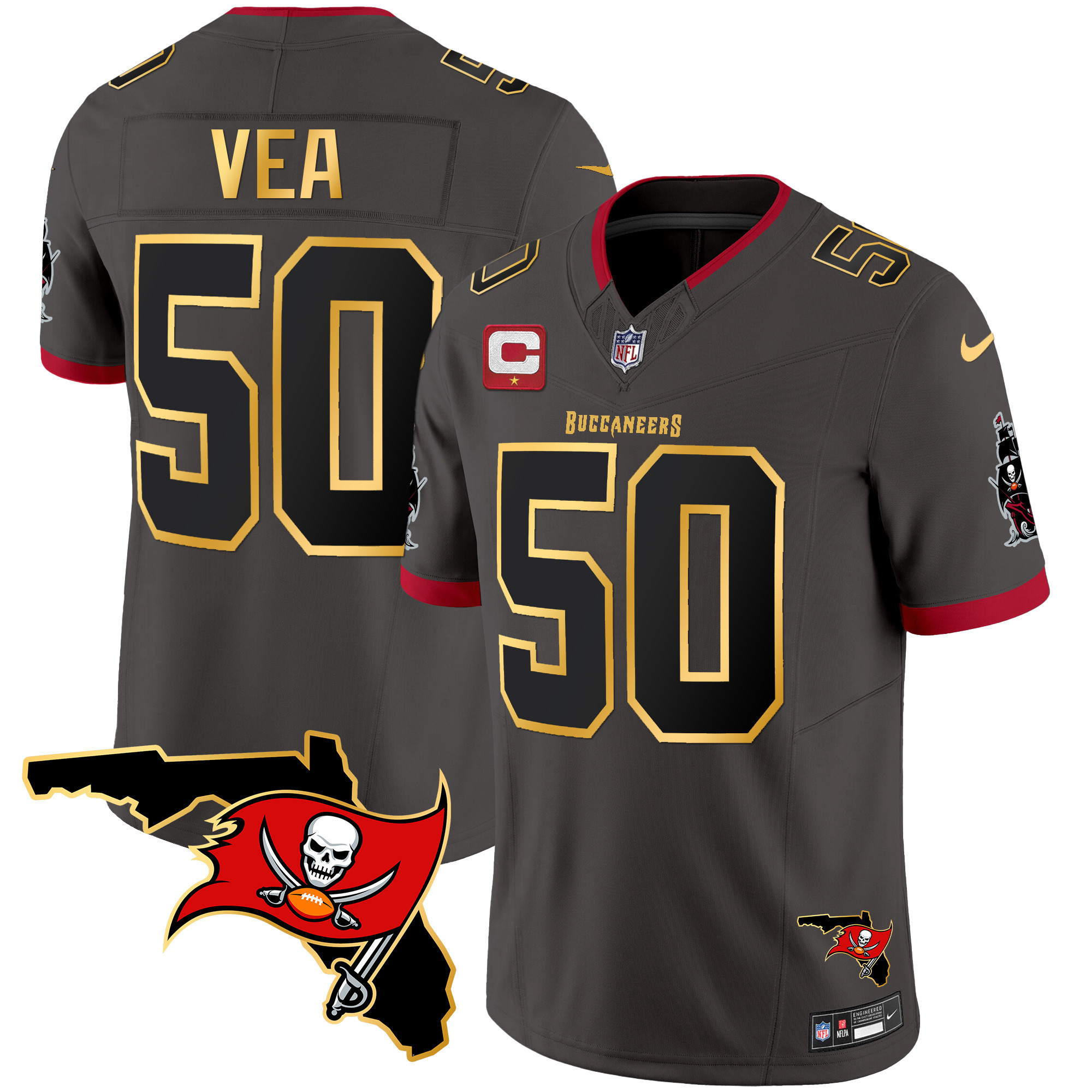 Vita Vea Men's Tampa Bay Buccaneers Florida Patch Gold Trim Vapor Pewter Jersey - All Stitched