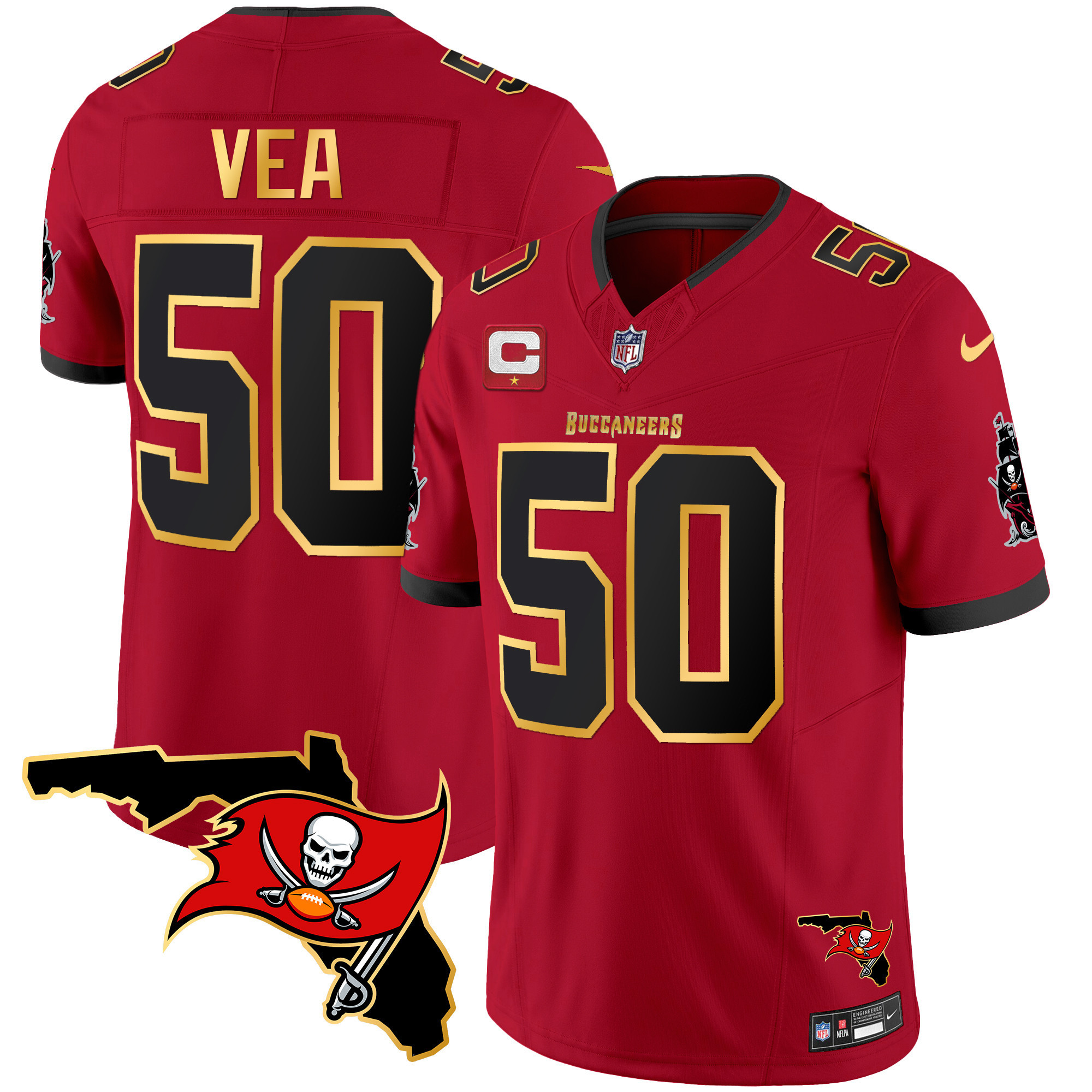 Vita Vea Men's Tampa Bay Buccaneers Florida Patch Gold Trim Vapor Red Jersey - All Stitched