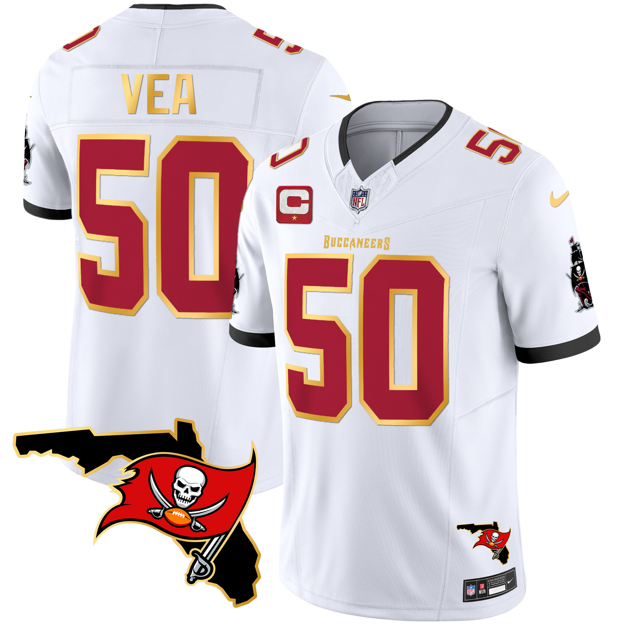 Vita Vea Men's Tampa Bay Buccaneers Florida Patch Gold Trim Vapor White Jersey - All Stitched