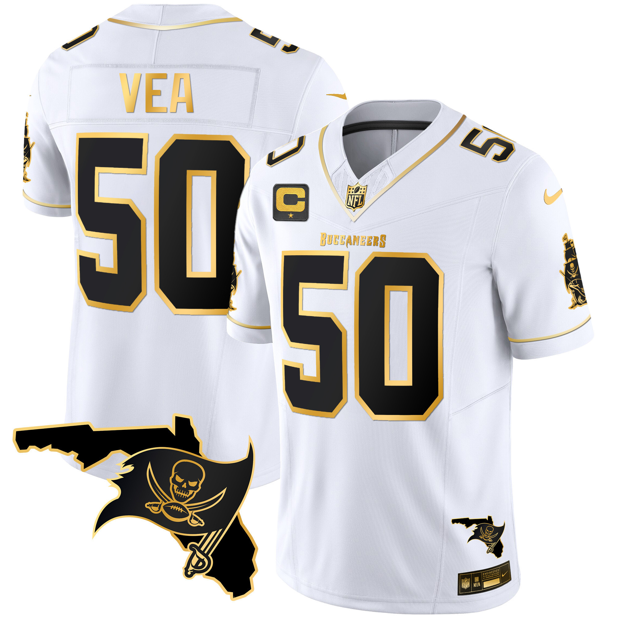 Vita Vea Men's Tampa Bay Buccaneers Florida Patch Vapor Gold White Gold Jersey - All Stitched