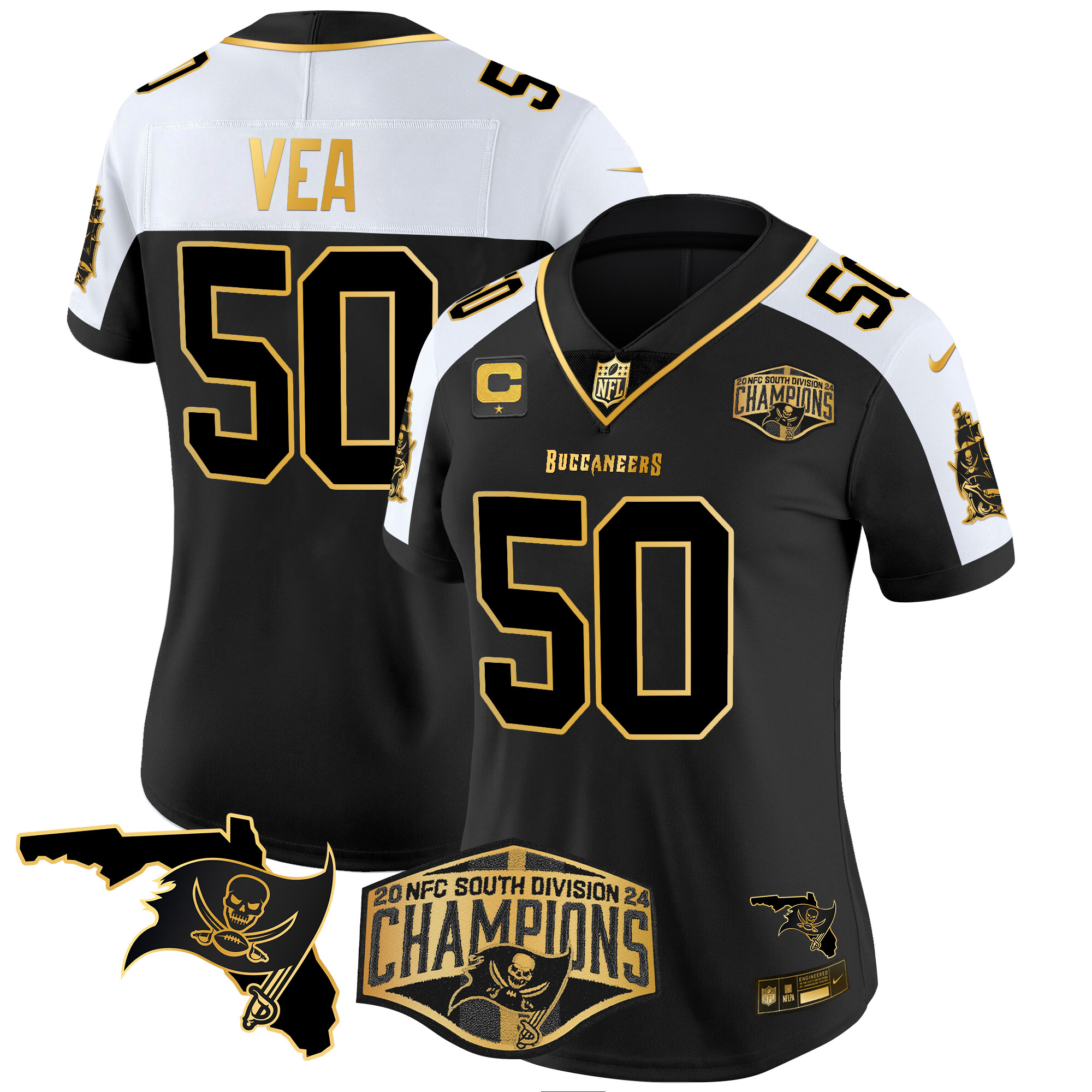 Vita Vea Women's Tampa Bay Buccaneers 2024 NFC South Division Champions Patch Gold Vapor Limited Alternate Jersey - All Stitched