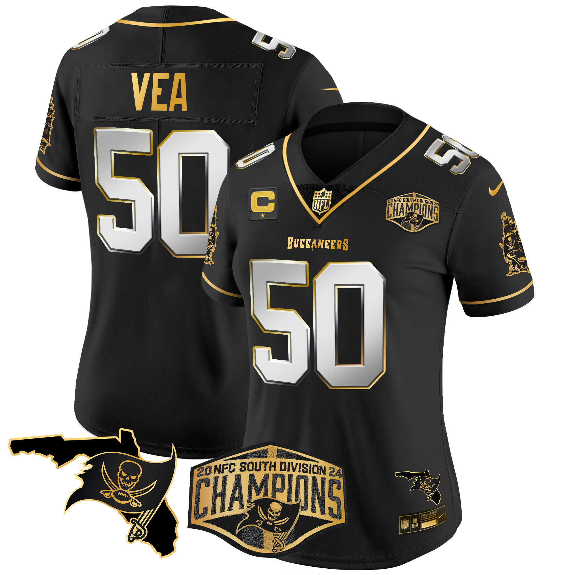 Vita Vea Women's Tampa Bay Buccaneers 2024 NFC South Division Champions Patch Gold Vapor Limited Black Limited Jersey - All Stitched