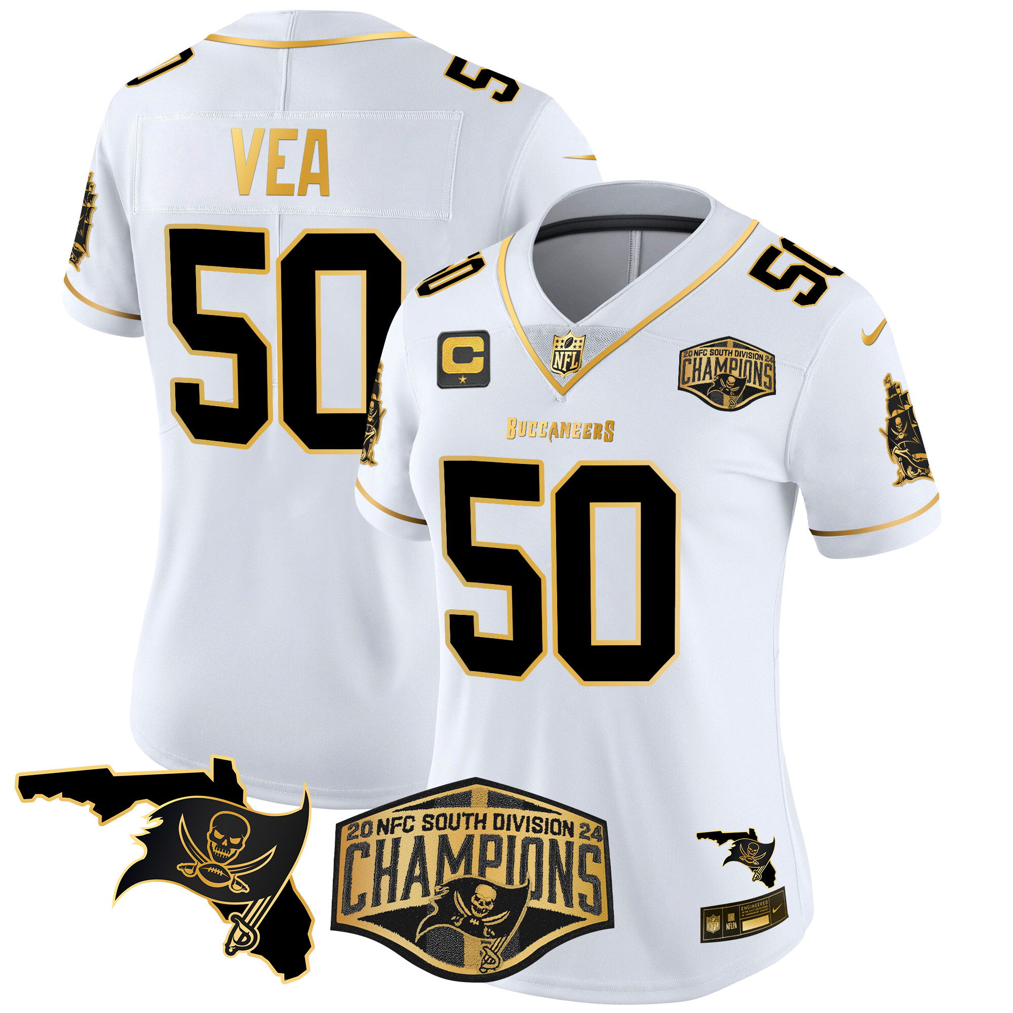 Vita Vea Women's Tampa Bay Buccaneers 2024 NFC South Division Champions Patch Gold Vapor Limited White Gold Jersey - All Stitched
