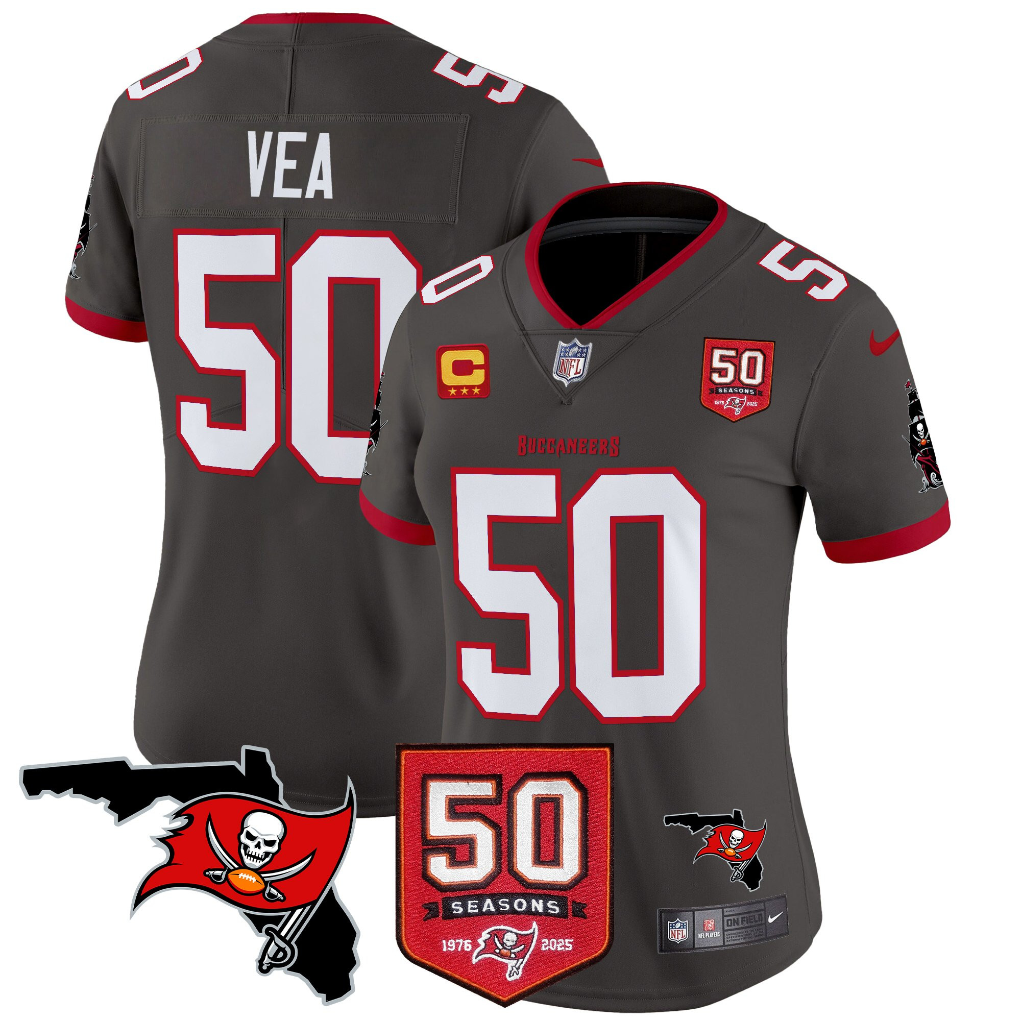 Vita Vea Women's Tampa Bay Buccaneers 50th Season Patch Vapor Limited Pewter Jersey - All Stitched
