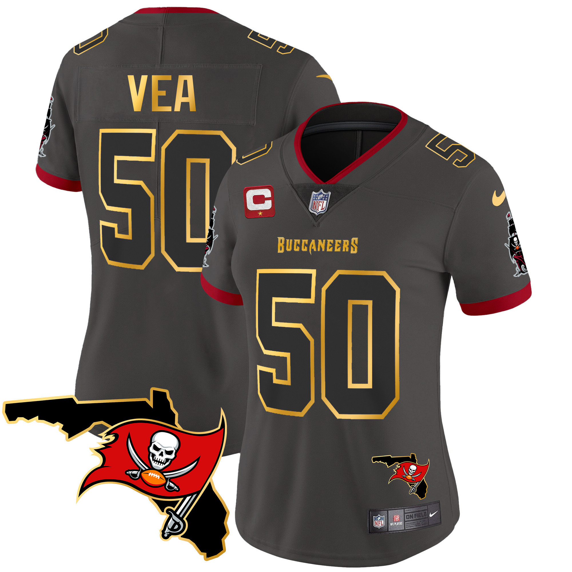 Vita Vea Women's Tampa Bay Buccaneers Florida Patch Gold Trim Vapor Pewter Jersey - All Stitched