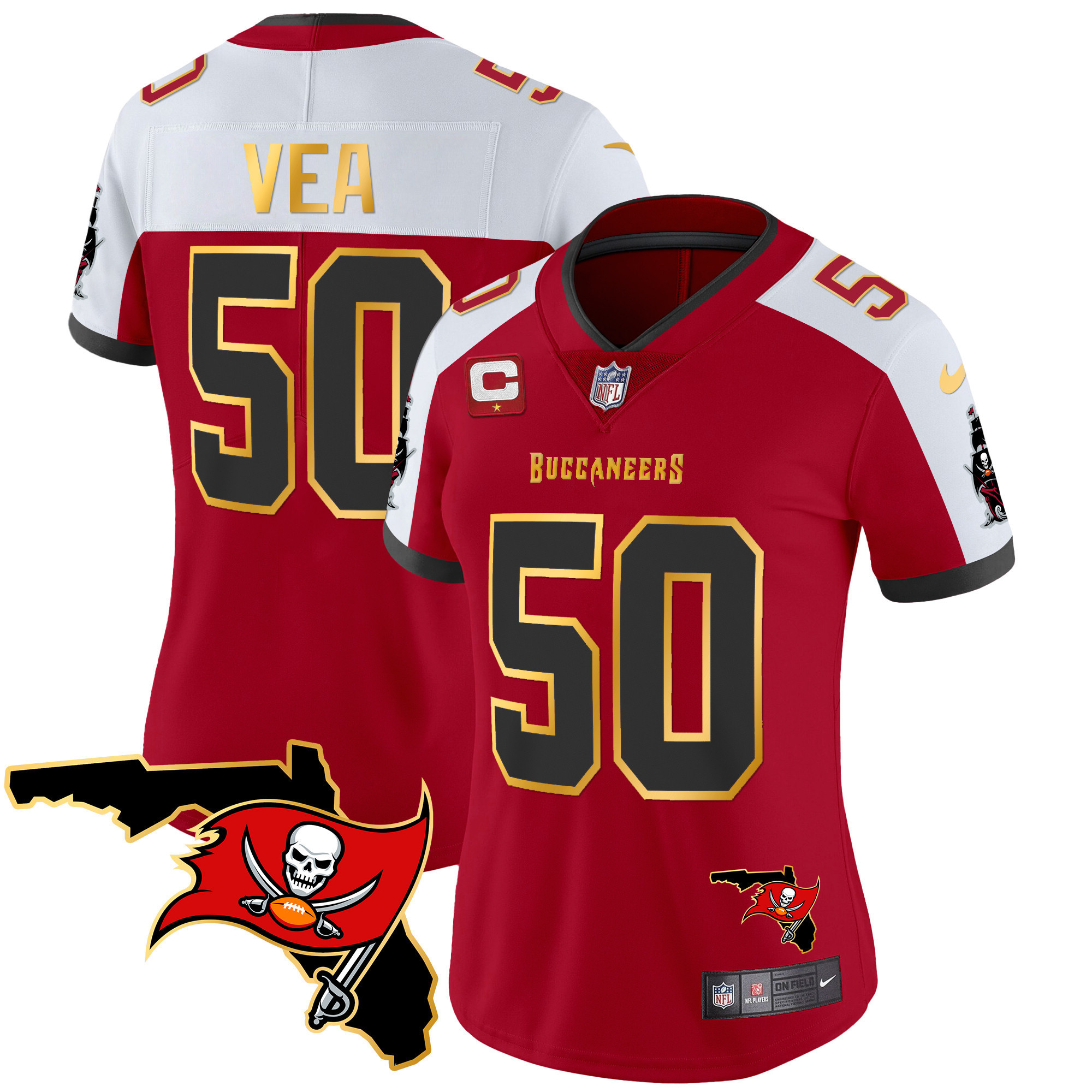Vita Vea Women's Tampa Bay Buccaneers Florida Patch Gold Trim Vapor Red Alternate Jersey - All Stitched
