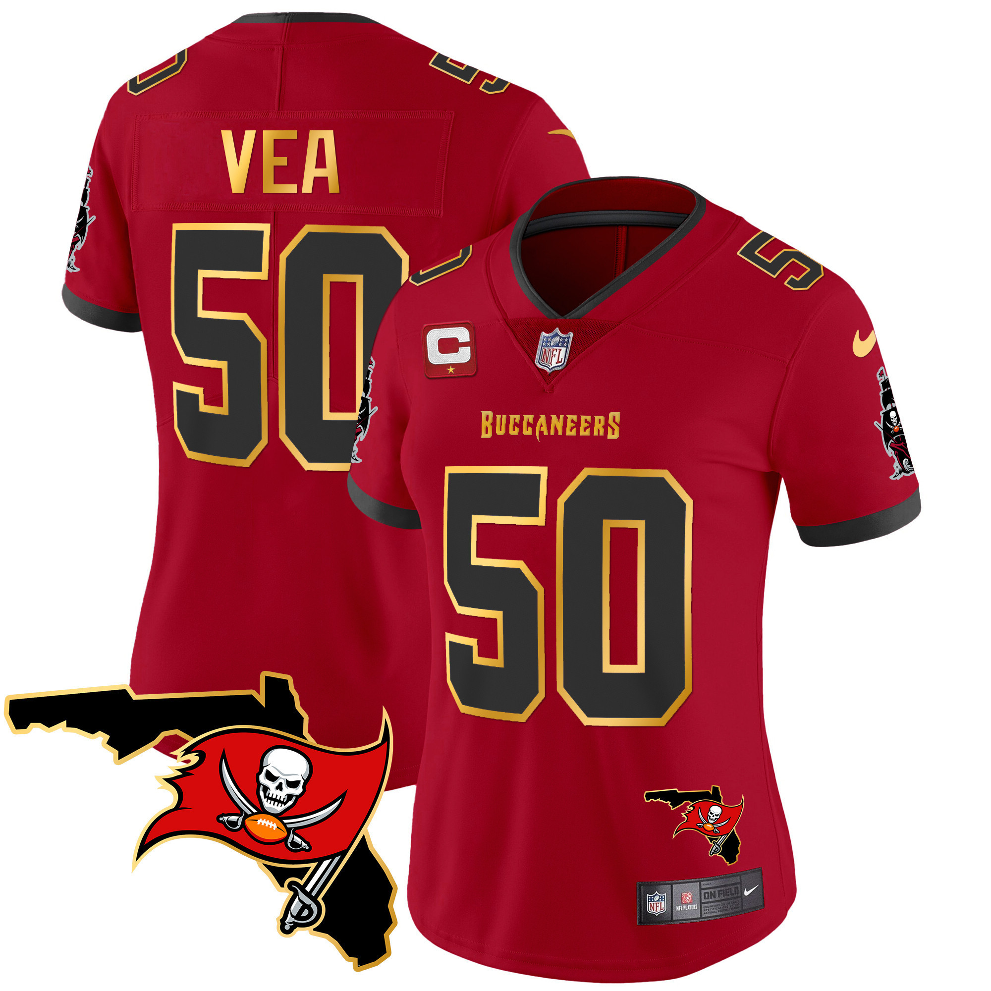Vita Vea Women's Tampa Bay Buccaneers Florida Patch Gold Trim Vapor Red Jersey - All Stitched