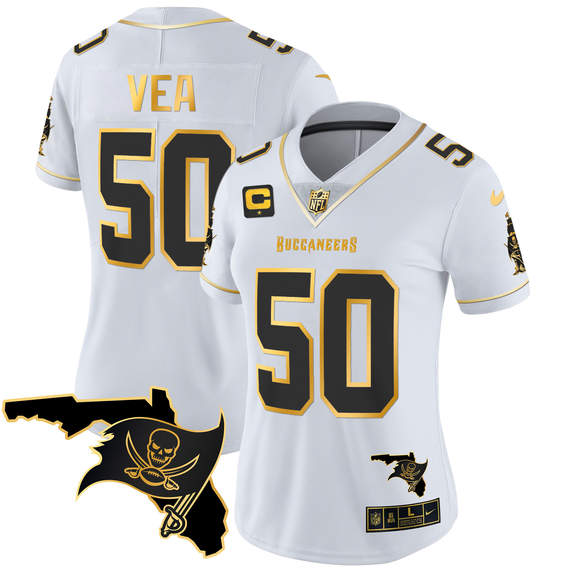 Vita Vea Women's Tampa Bay Buccaneers Florida Patch Vapor Gold White Gold Jersey - All Stitched