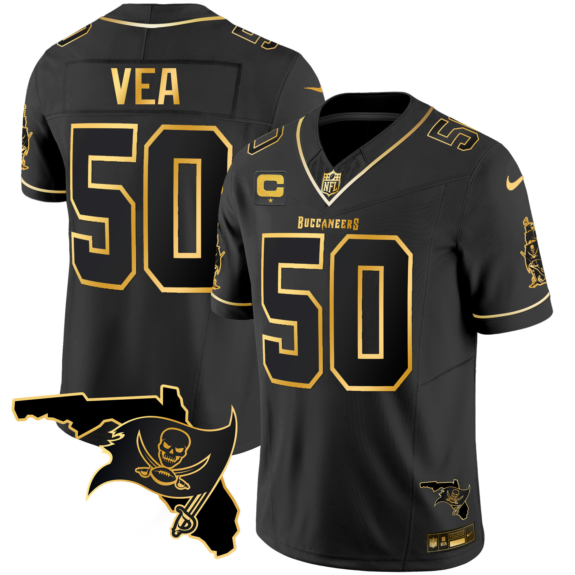 Vita Vea Youth's Tampa Bay Buccaneers Florida Patch Vapor Gold Black Gold Jersey - All Stitched
