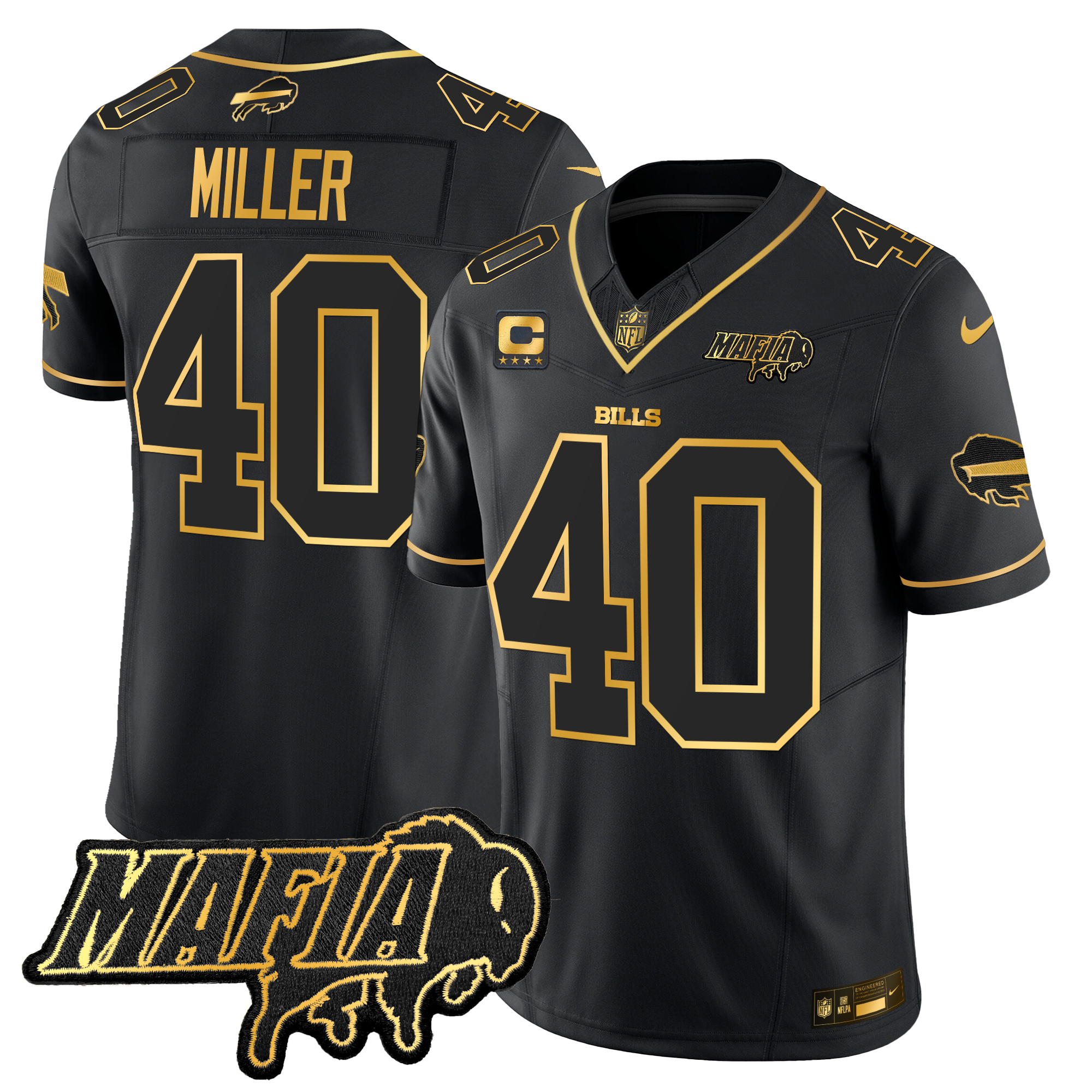 Von Miller Men's Buffalo Bills 2024 Buffalo Bills Mafia Patch Gold Vapor Limited Black Gold Jersey - All Stitched