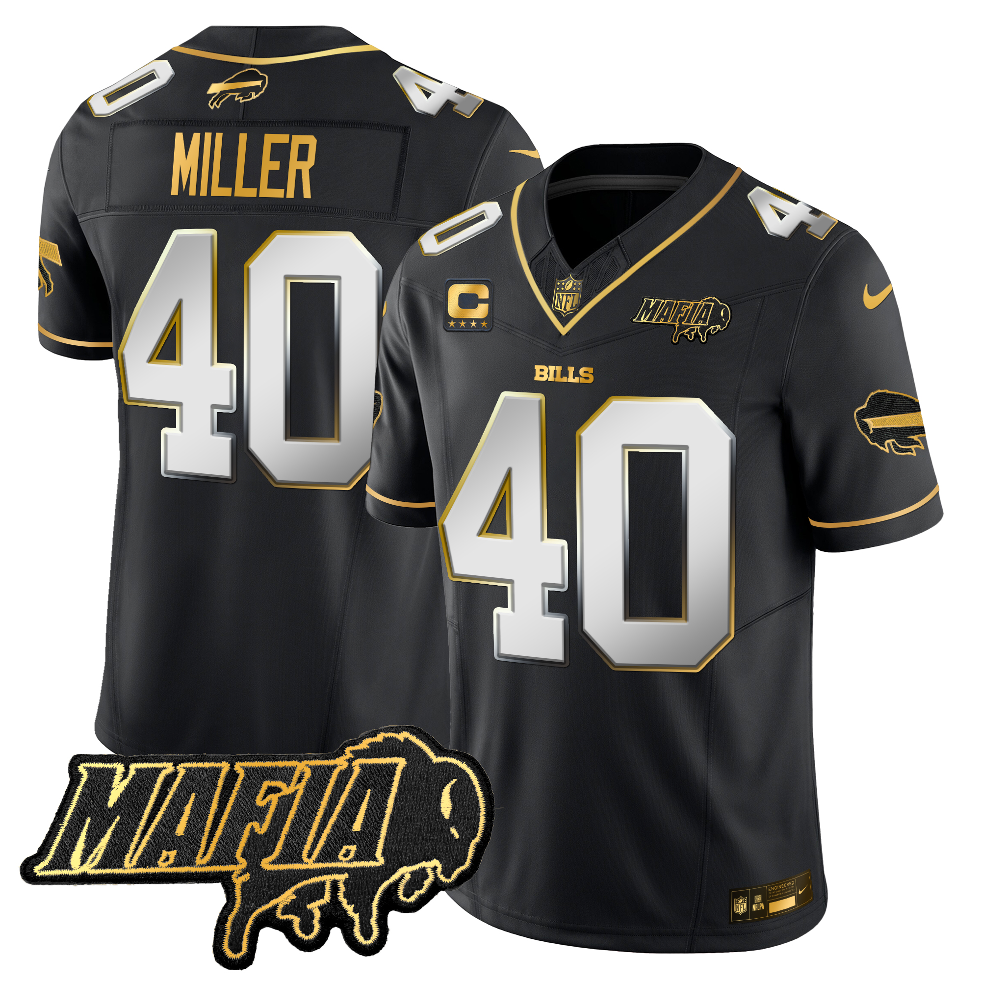 Von Miller Men's Buffalo Bills 2024 Buffalo Bills Mafia Patch Gold Vapor Limited Black Limited Jersey - All Stitched