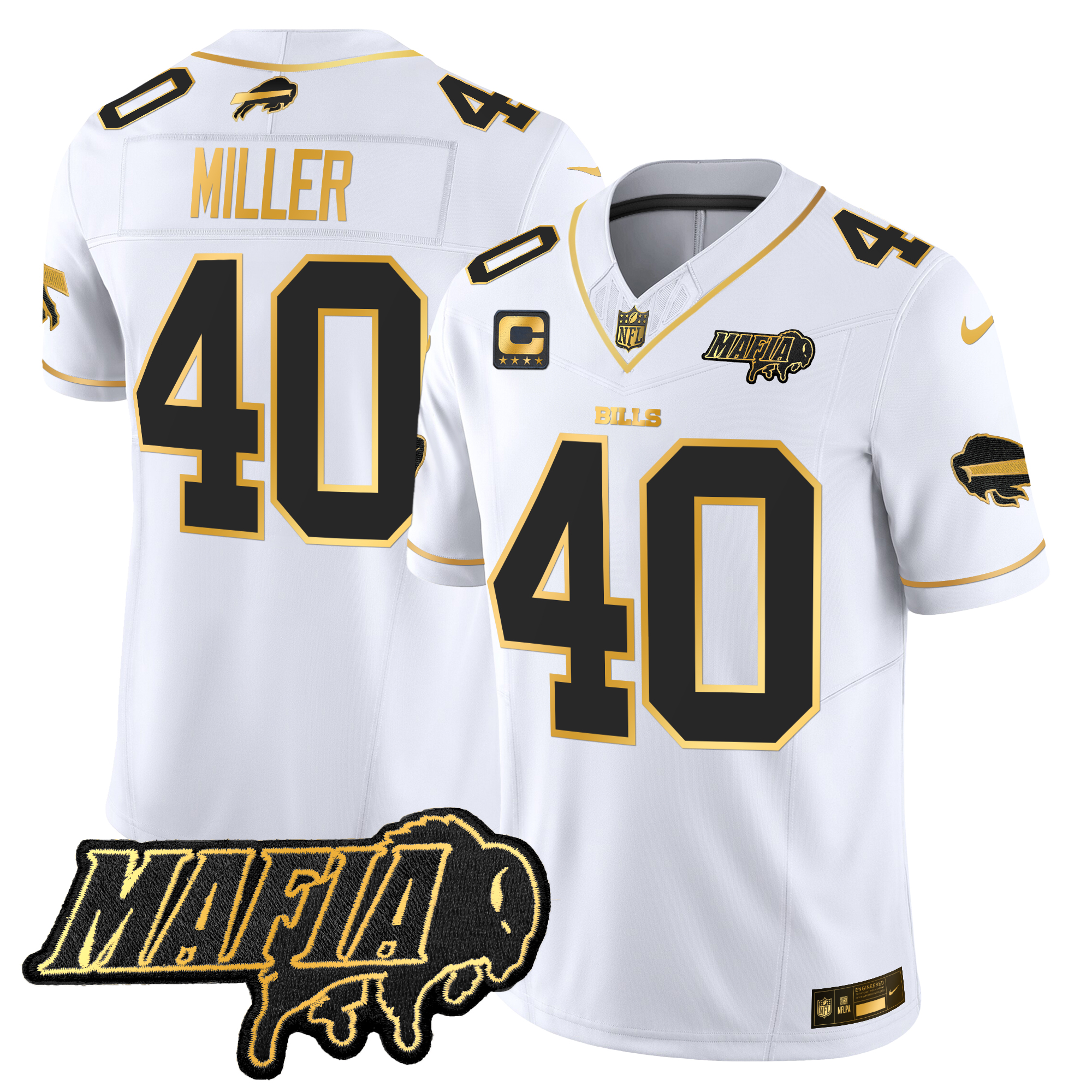 Von Miller Men's Buffalo Bills 2024 Buffalo Bills Mafia Patch Gold Vapor Limited White Gold Jersey - All Stitched