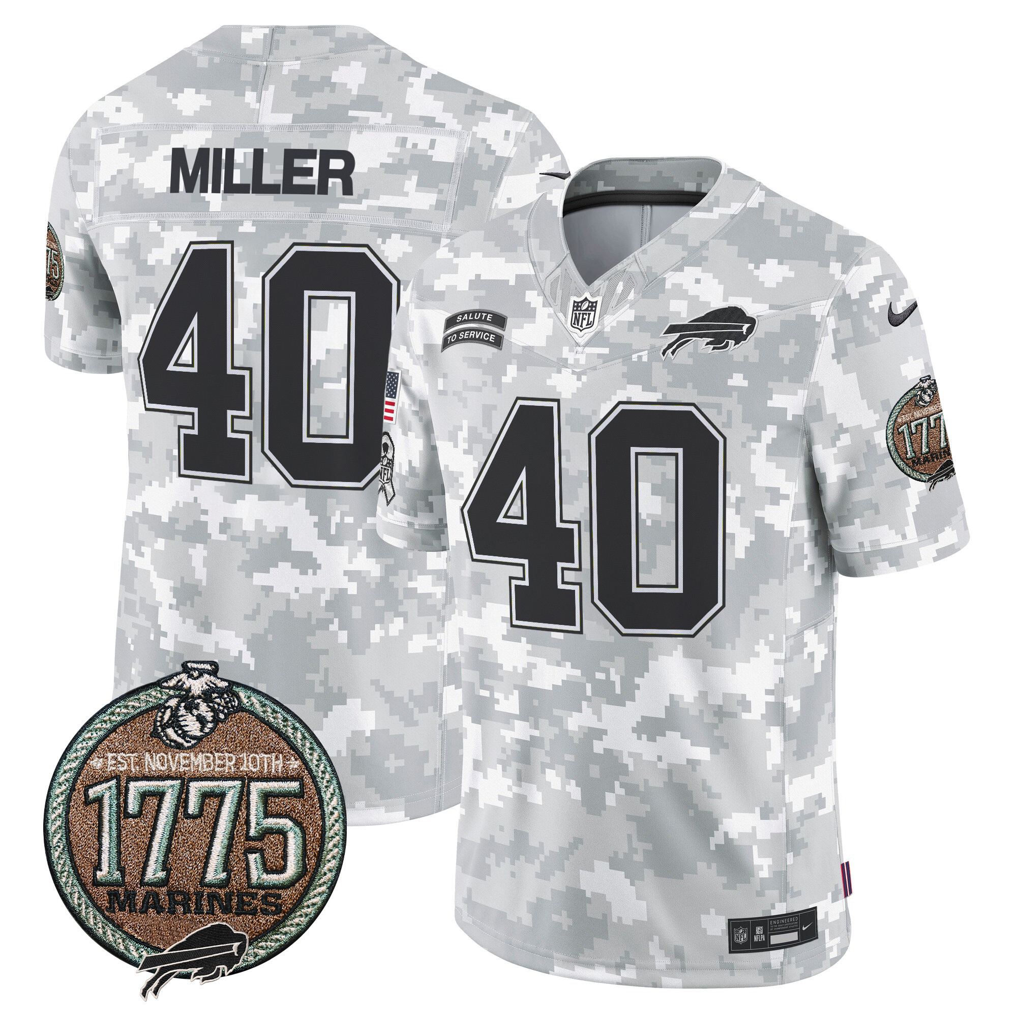 Von Miller Men's Buffalo Bills 2024 Salute to Service Establishment Year Patch Vapor Limited Marines Jersey - All Stitched