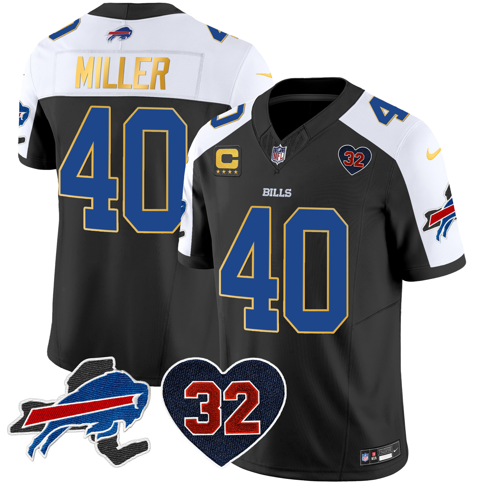 Von Miller Men's Buffalo Bills O.J. Simpson Patch Gold Trim Vapor Limited Black Alternate Jersey - All Stitched
