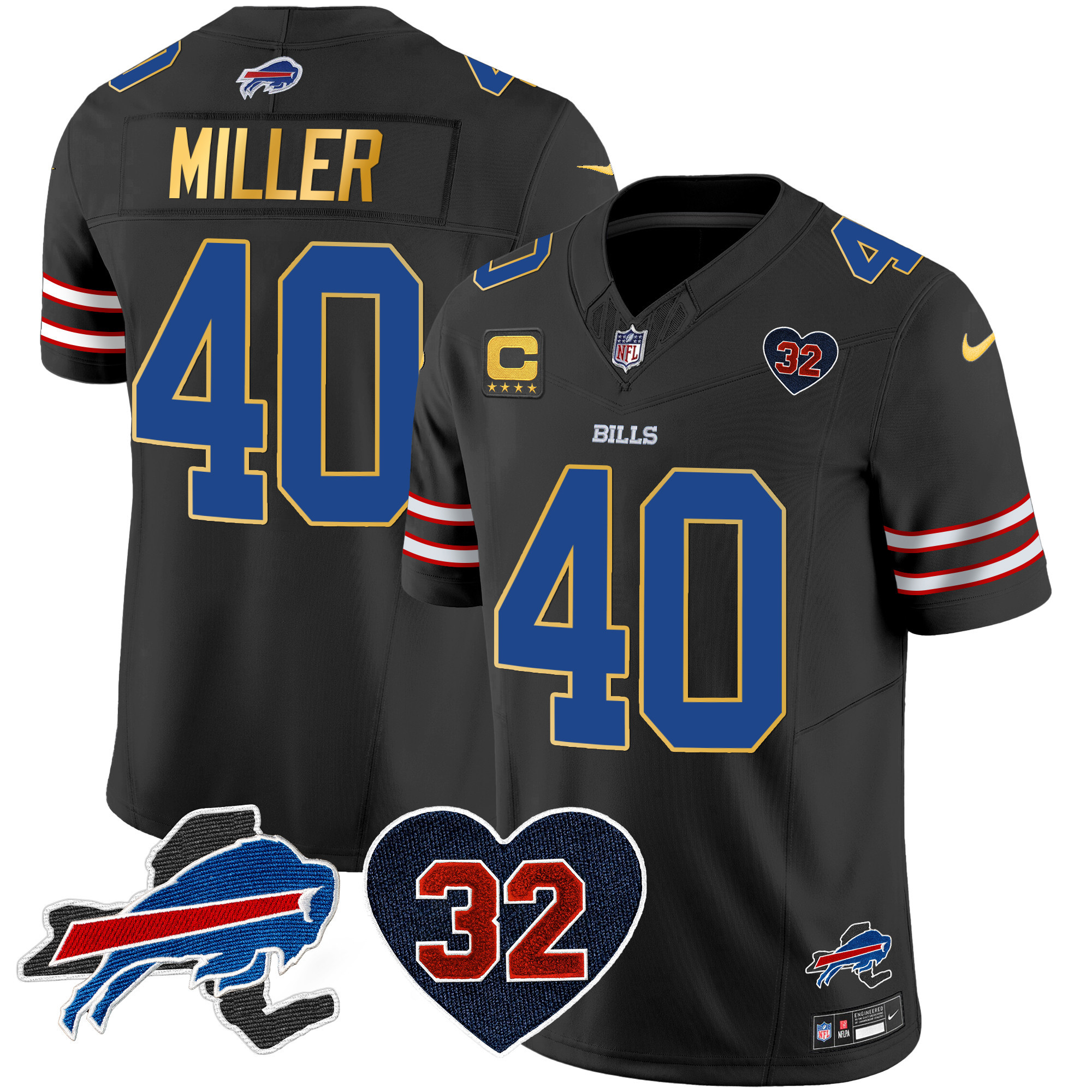 Von Miller Men's Buffalo Bills O.J. Simpson Patch Gold Trim Vapor Limited Black Jersey - All Stitched