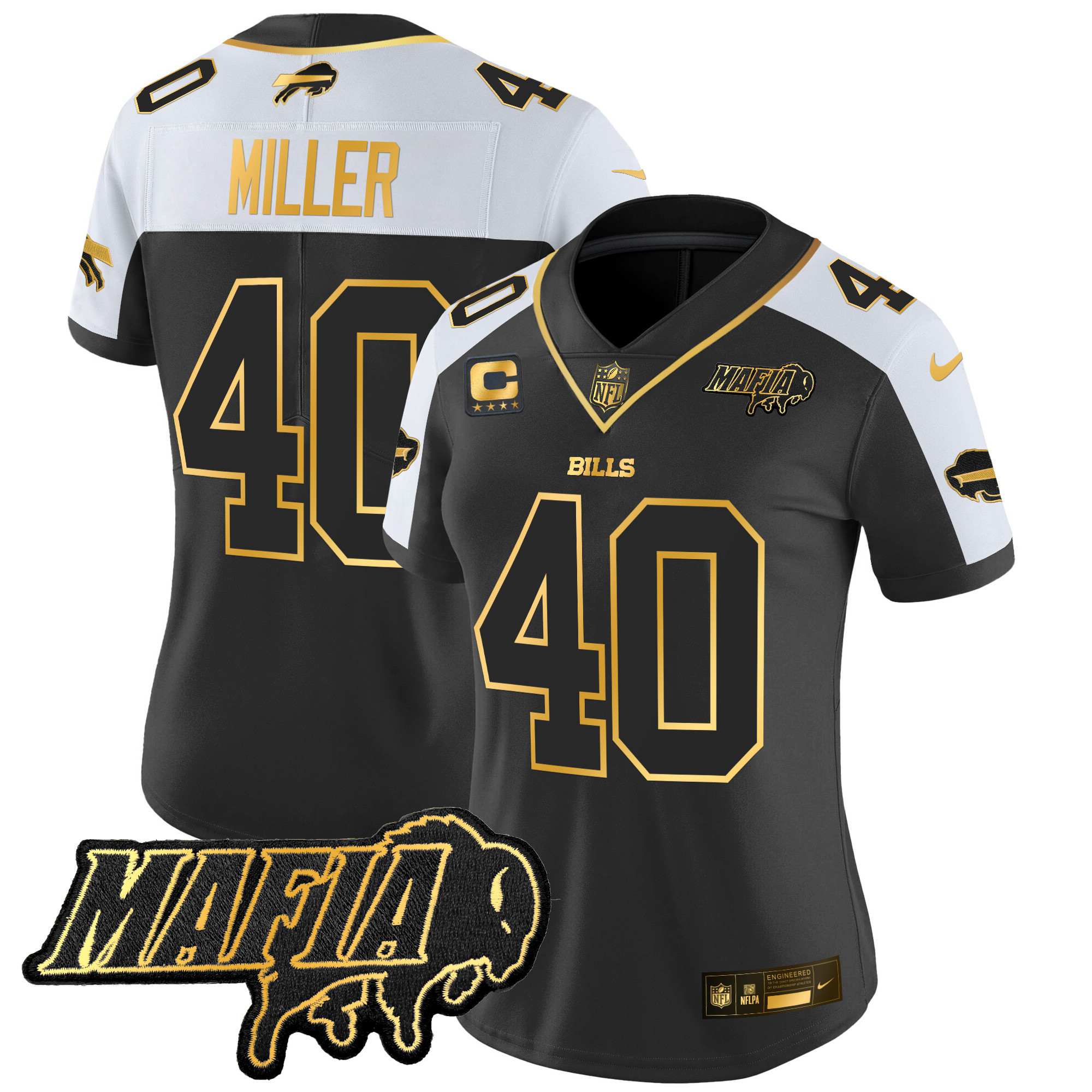 Von Miller Women's Buffalo Bills 2024 Buffalo Bills Mafia Patch Gold Vapor Limited Alternate Jersey - All Stitched