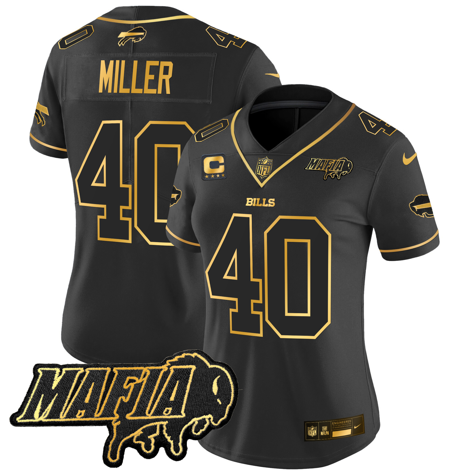 Von Miller Women's Buffalo Bills 2024 Buffalo Bills Mafia Patch Gold Vapor Limited Black Gold Jersey - All Stitched
