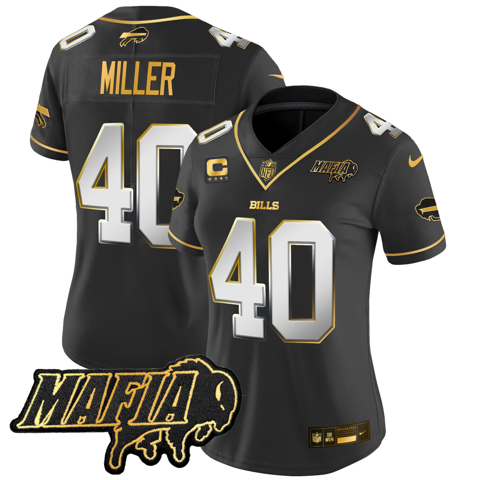 Von Miller Women's Buffalo Bills 2024 Buffalo Bills Mafia Patch Gold Vapor Limited Black Limited Jersey - All Stitched