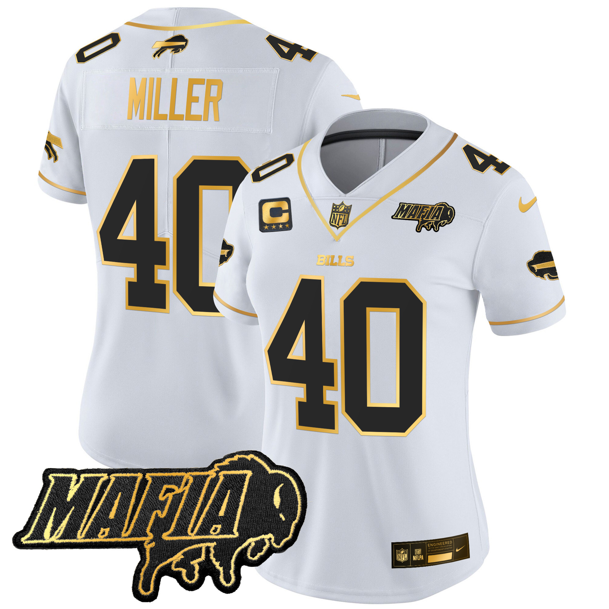 Von Miller Women's Buffalo Bills 2024 Buffalo Bills Mafia Patch Gold Vapor Limited White Gold Jersey - All Stitched