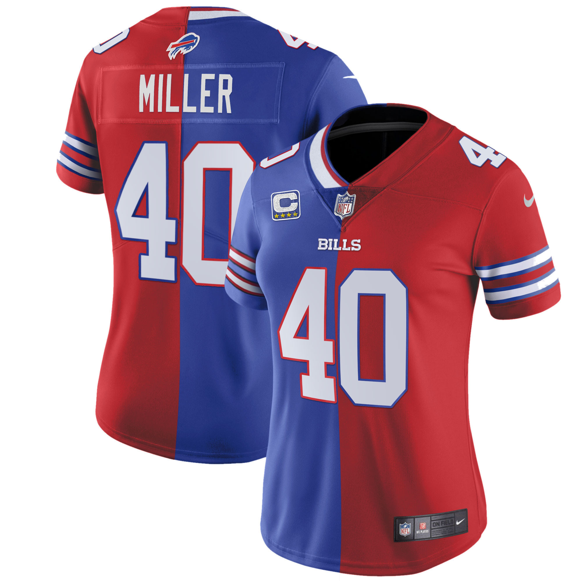 Von Miller Women's Buffalo Bills White Gold & Black Gold - All Stitched Split Royal Red Jersey - All Stitched
