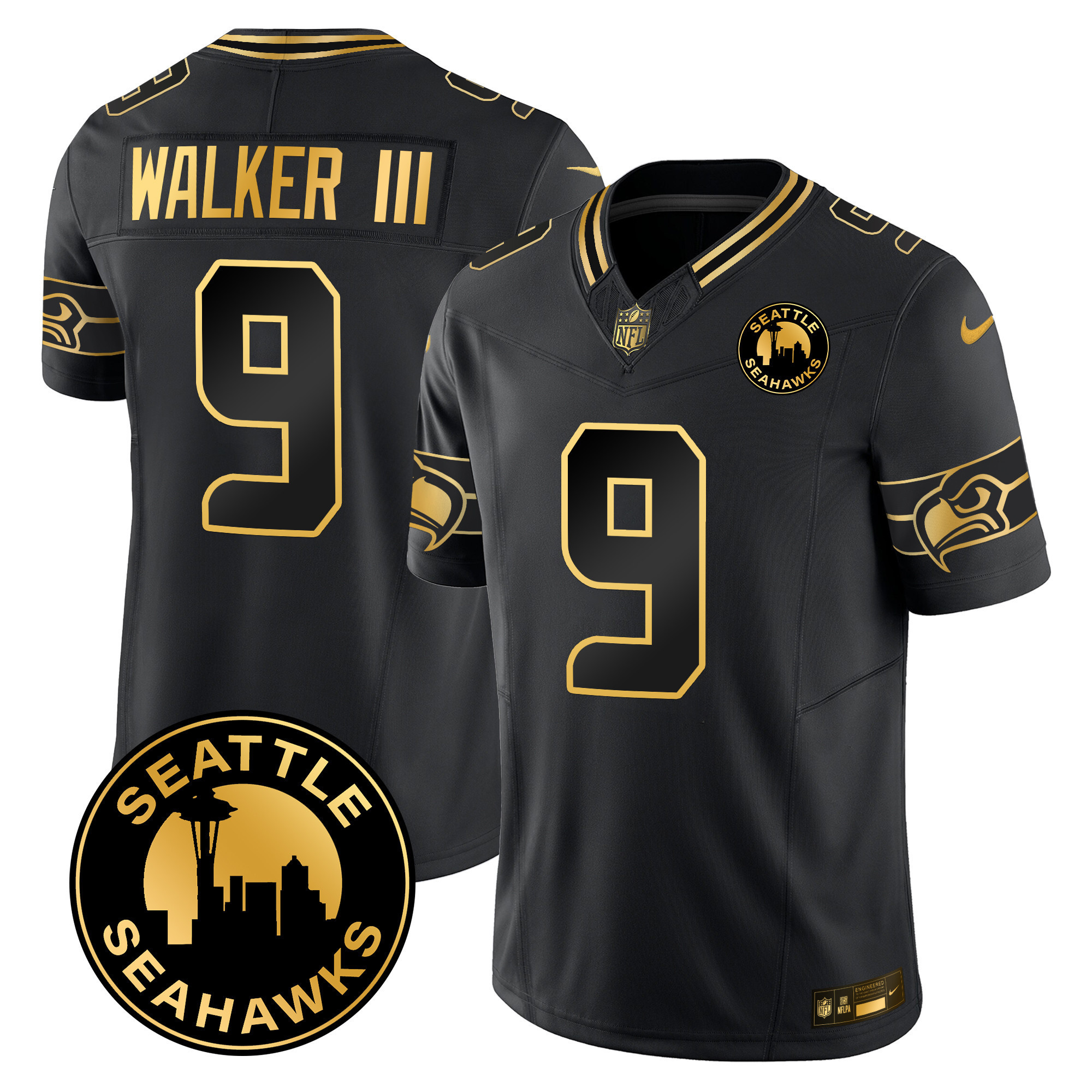 Walker III Men's Seattle Seahawks 2024 Seattle City Patch Gold Vapor Limited Black Gold Jersey - All Stitched