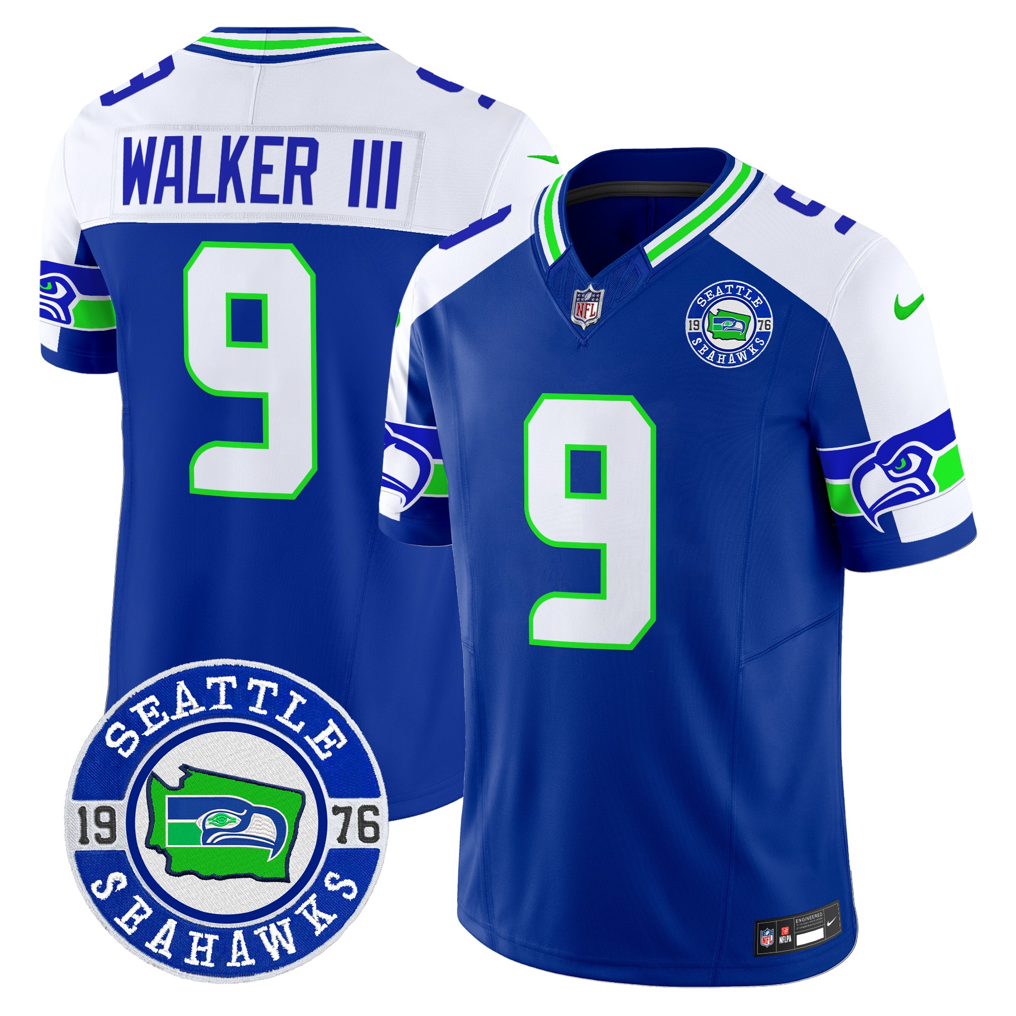Walker III Men's Seattle Seahawks 2024 Seattle Est. 1976 Patch Vapor Limited Royal Alternate Jersey - All Stitched